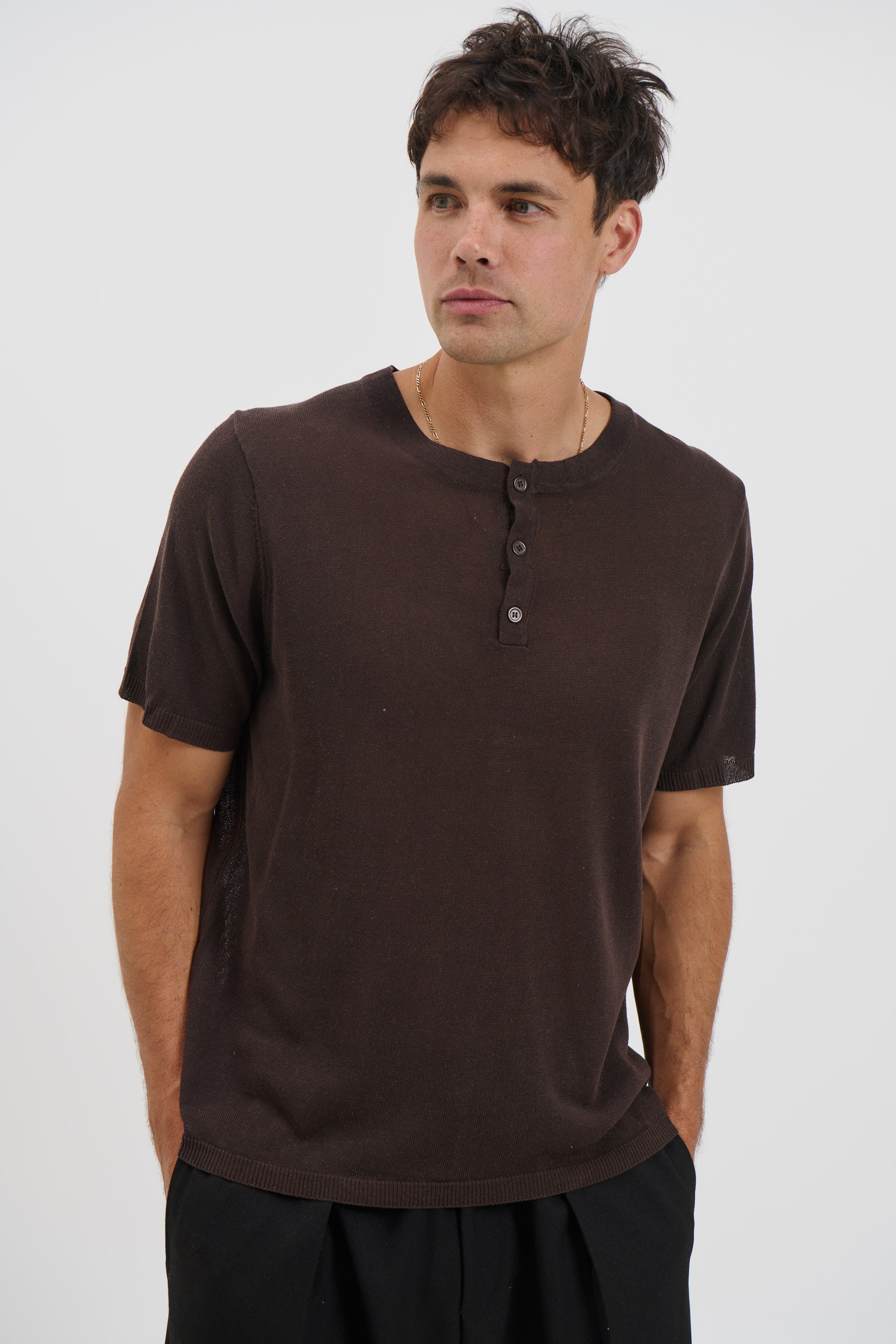 Knitted Henley Tee Chocolate