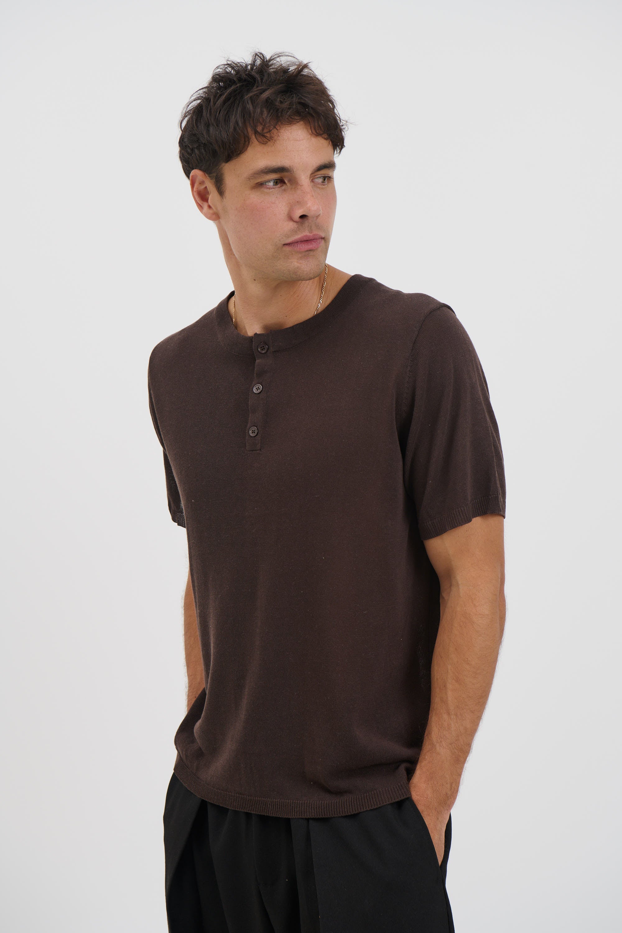 Knitted Henley Tee Chocolate