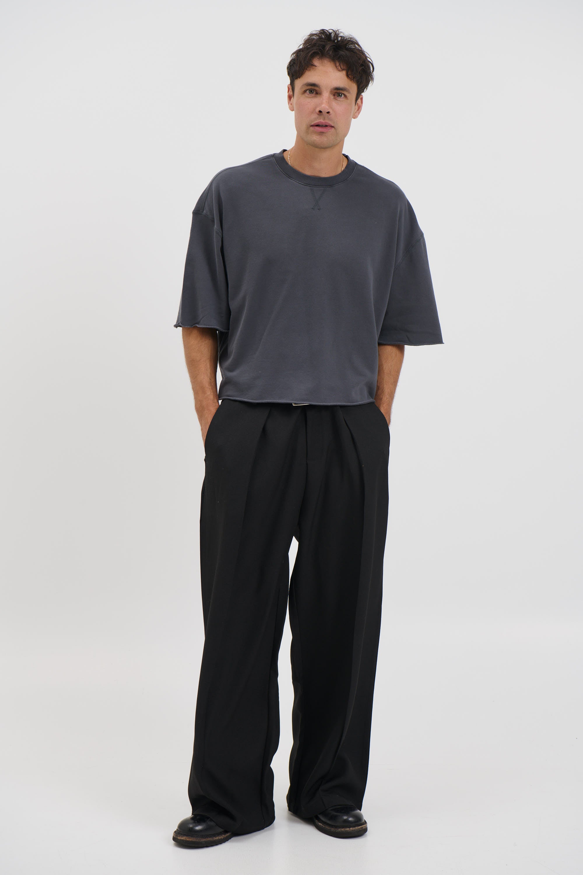 Crop Box Fleece Tee Charcoal