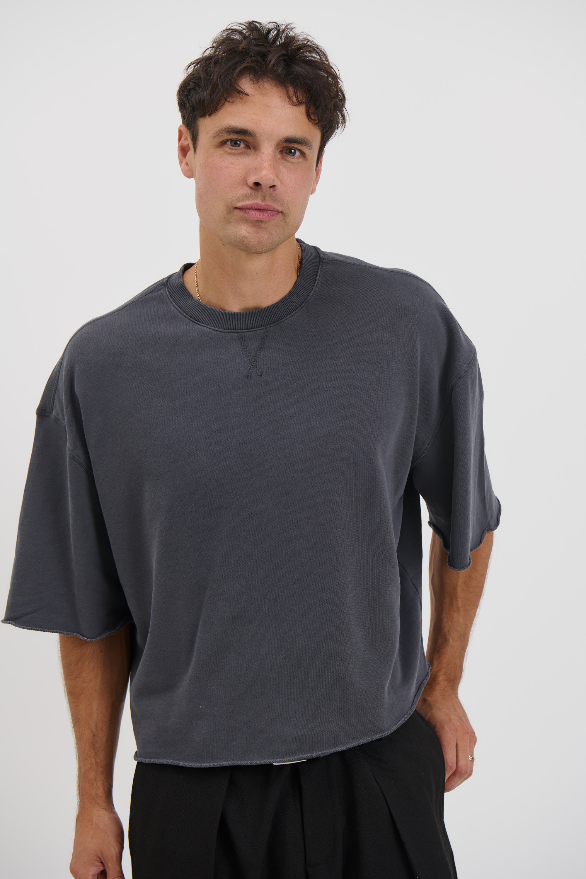 Crop Box Fleece Tee Charcoal