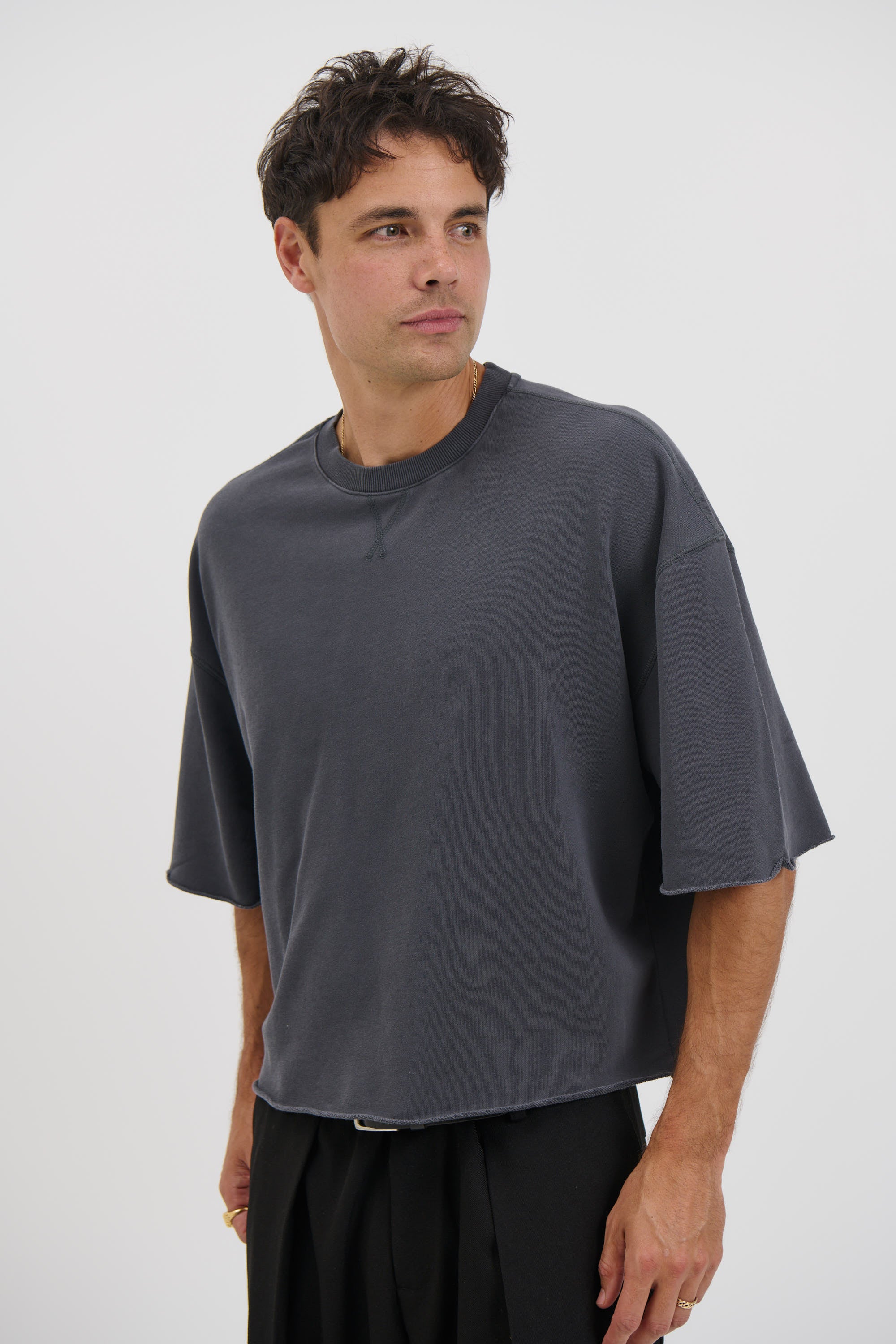 Crop Box Fleece Tee Charcoal
