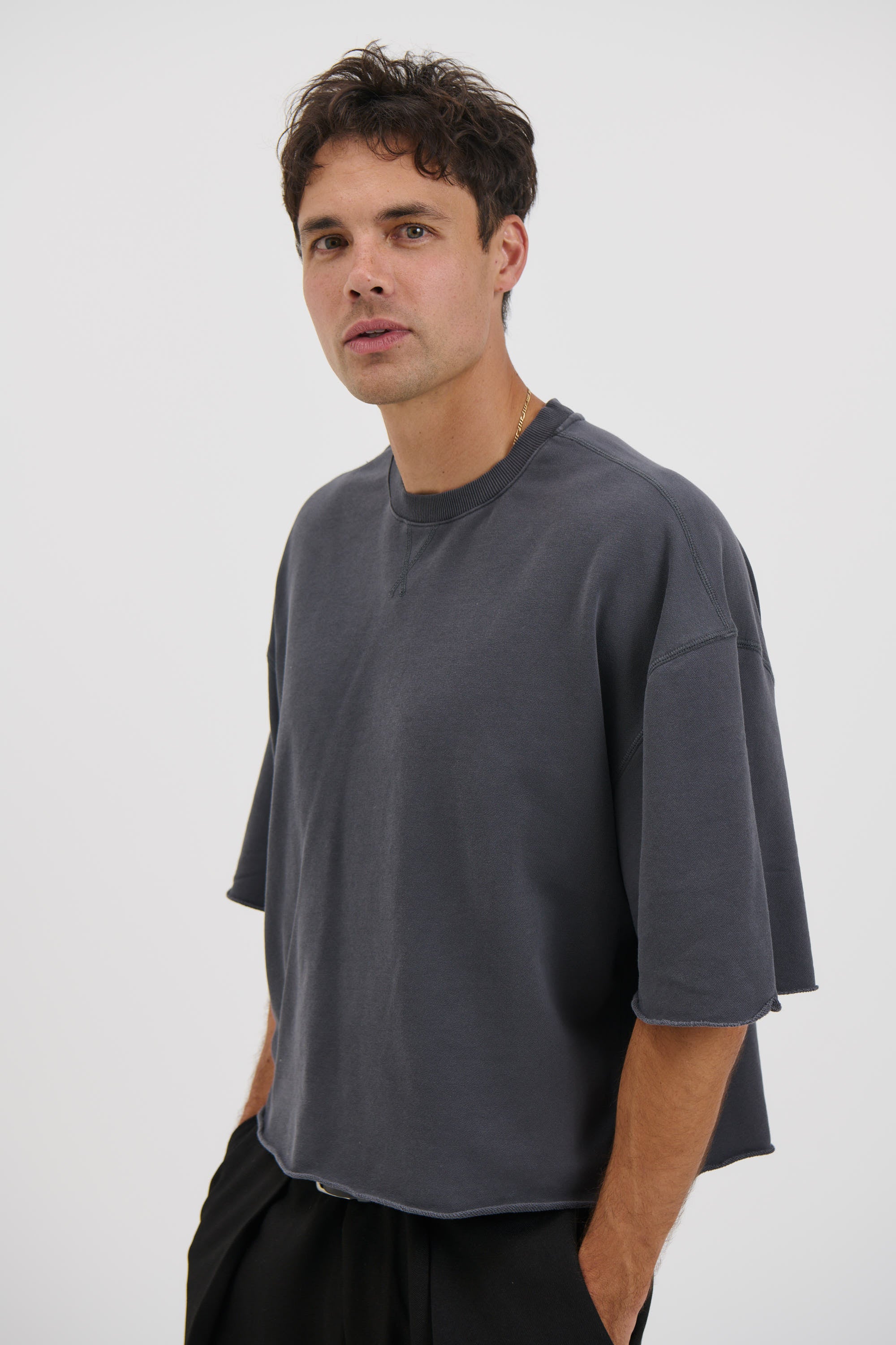 Crop Box Fleece Tee Charcoal
