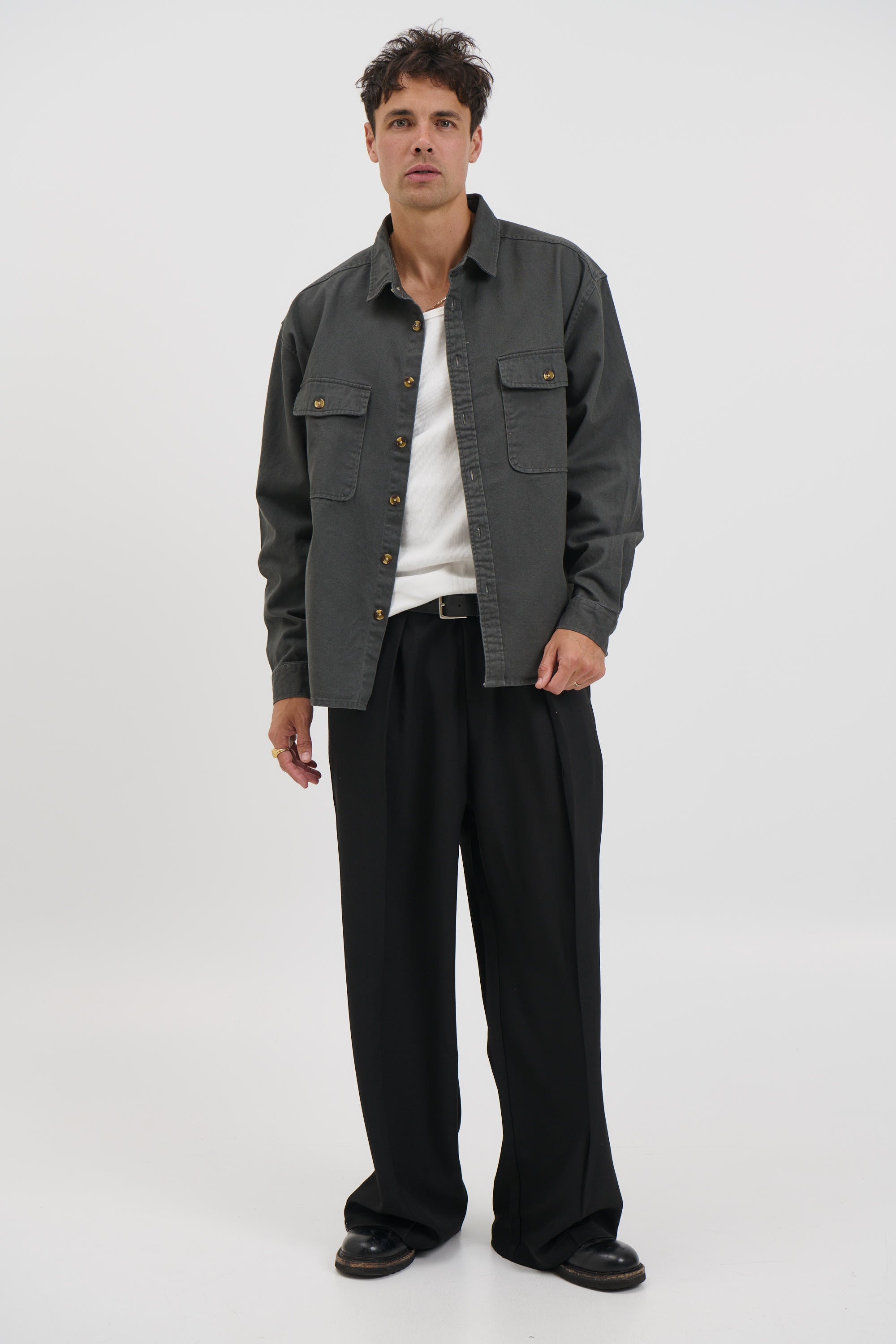 Mike Cotton Drill Shacket Charcoal