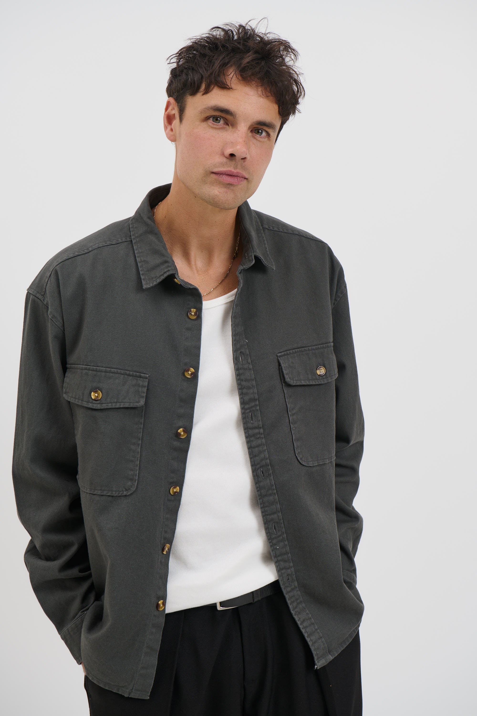 Mike Cotton Drill Shacket Charcoal