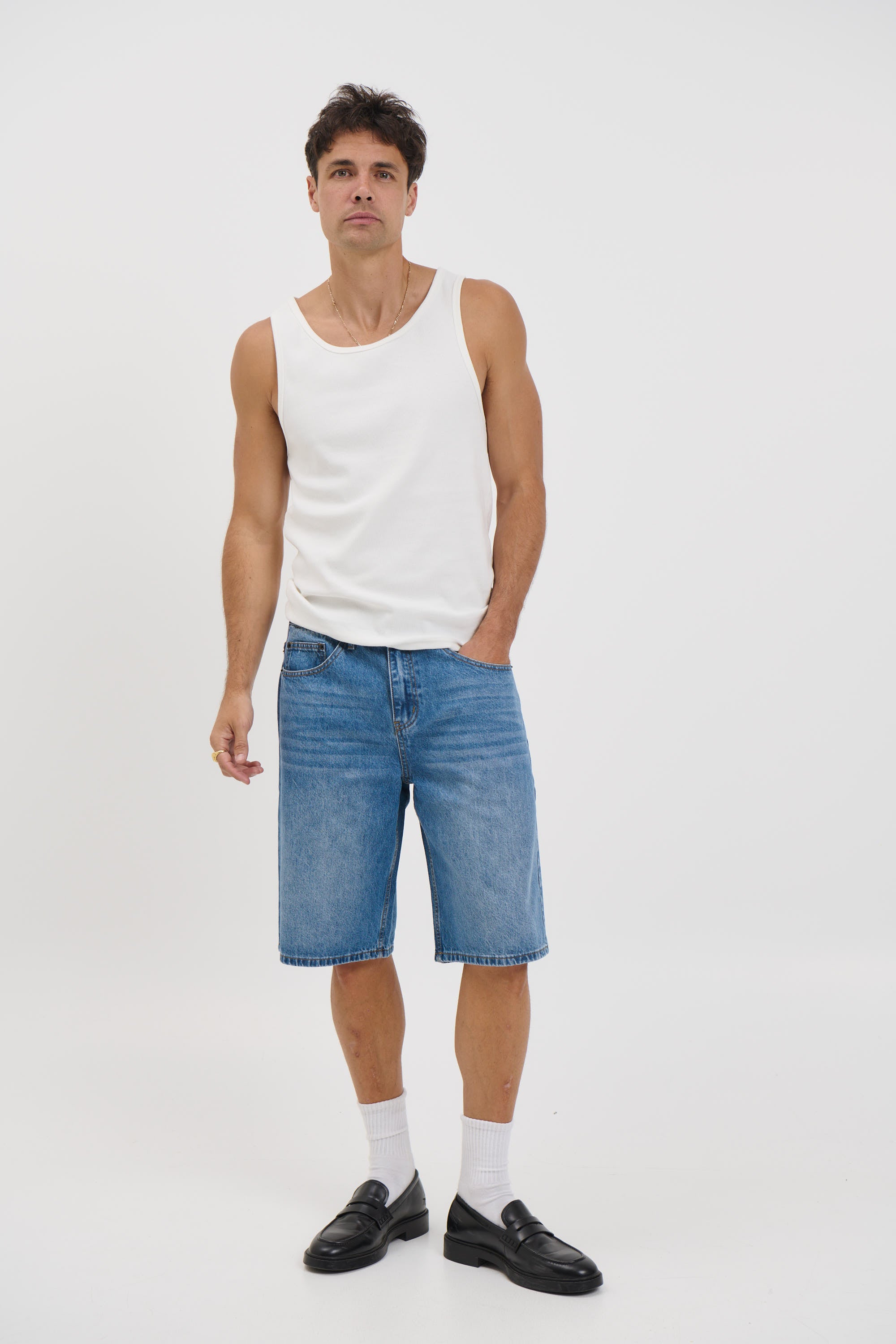 Flint Baggy Denim Jort Mid Blue