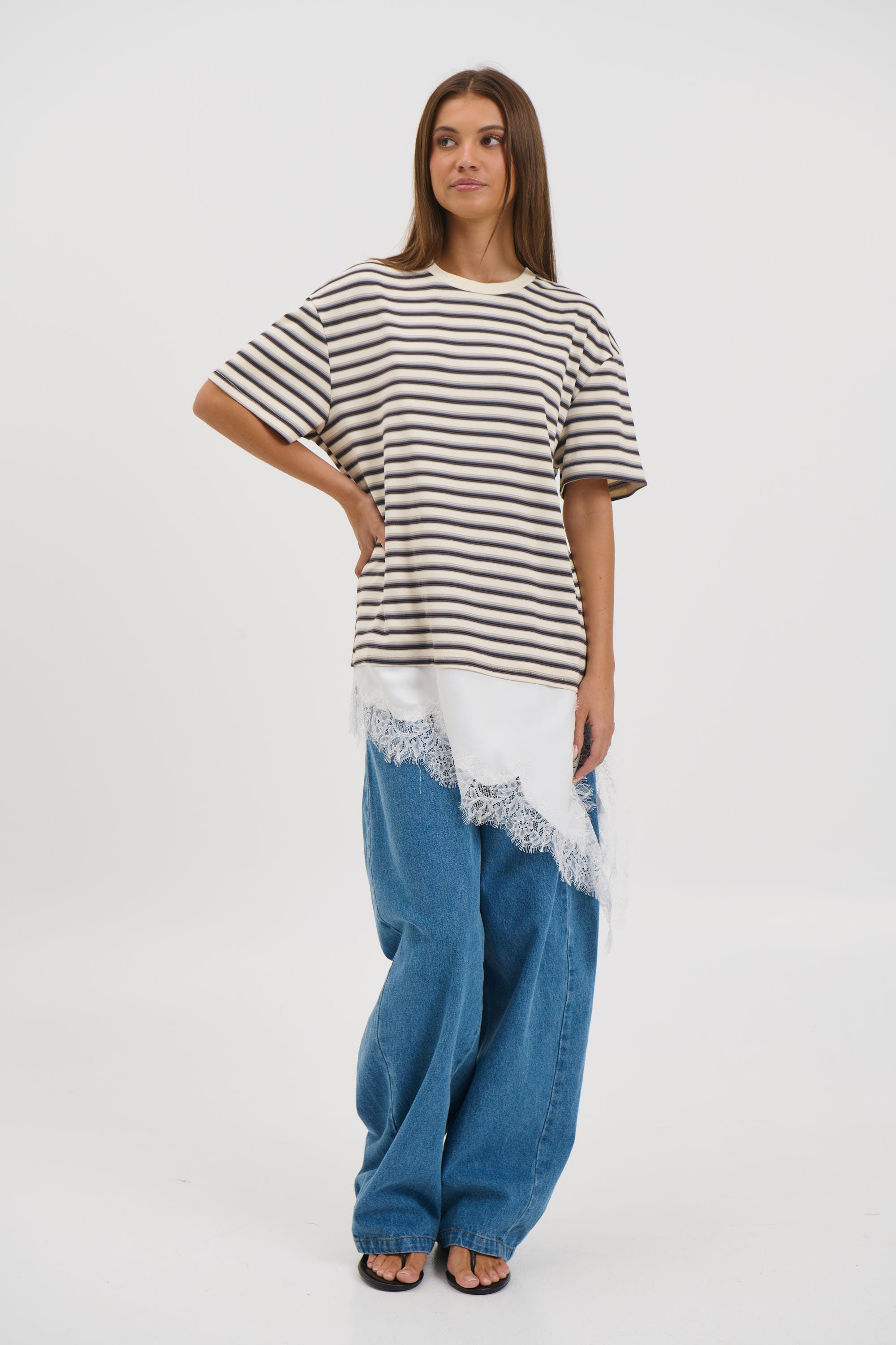 Miranda Lace Tee Cream Stripe