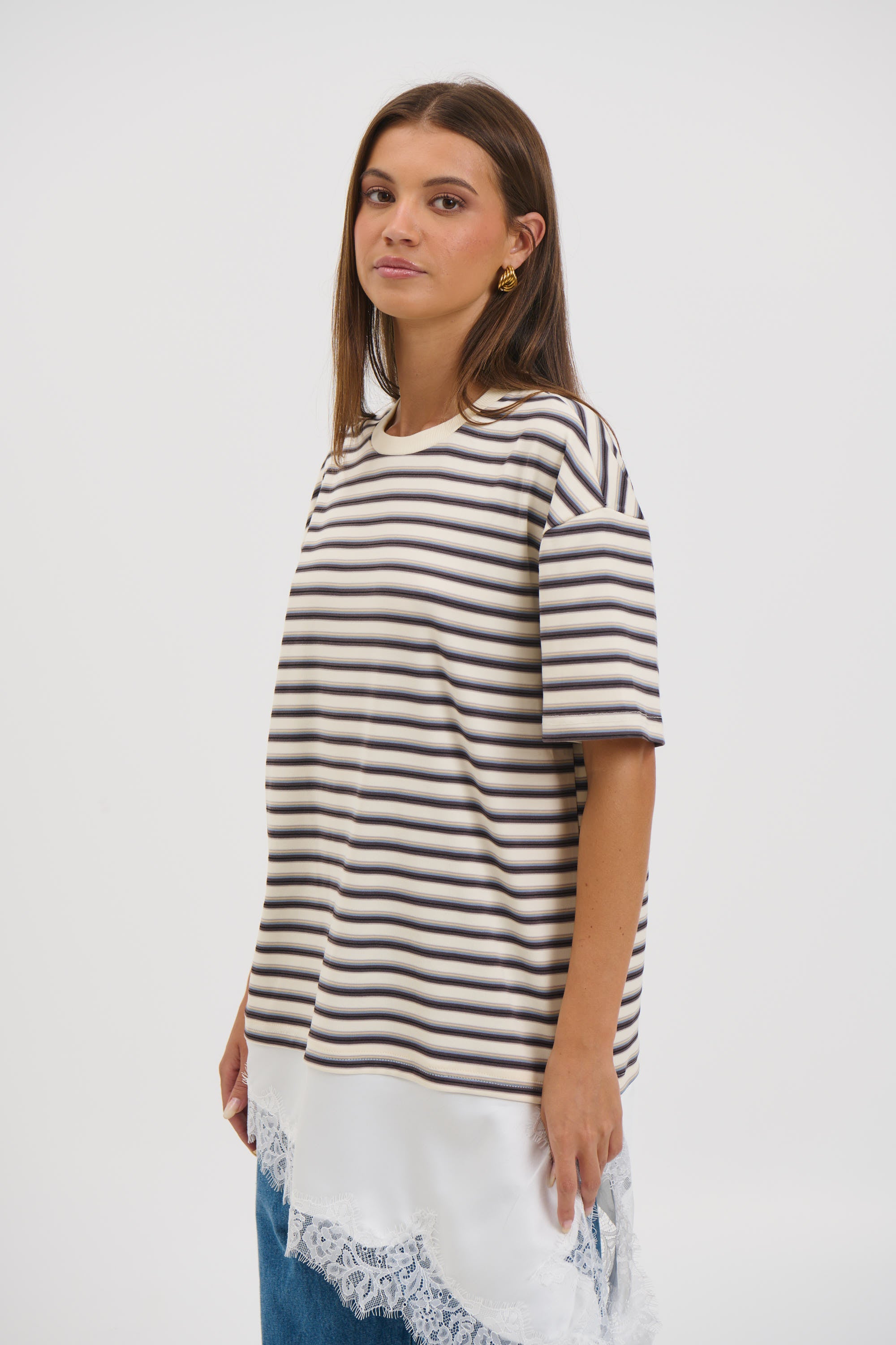 Miranda Lace Tee Cream Stripe