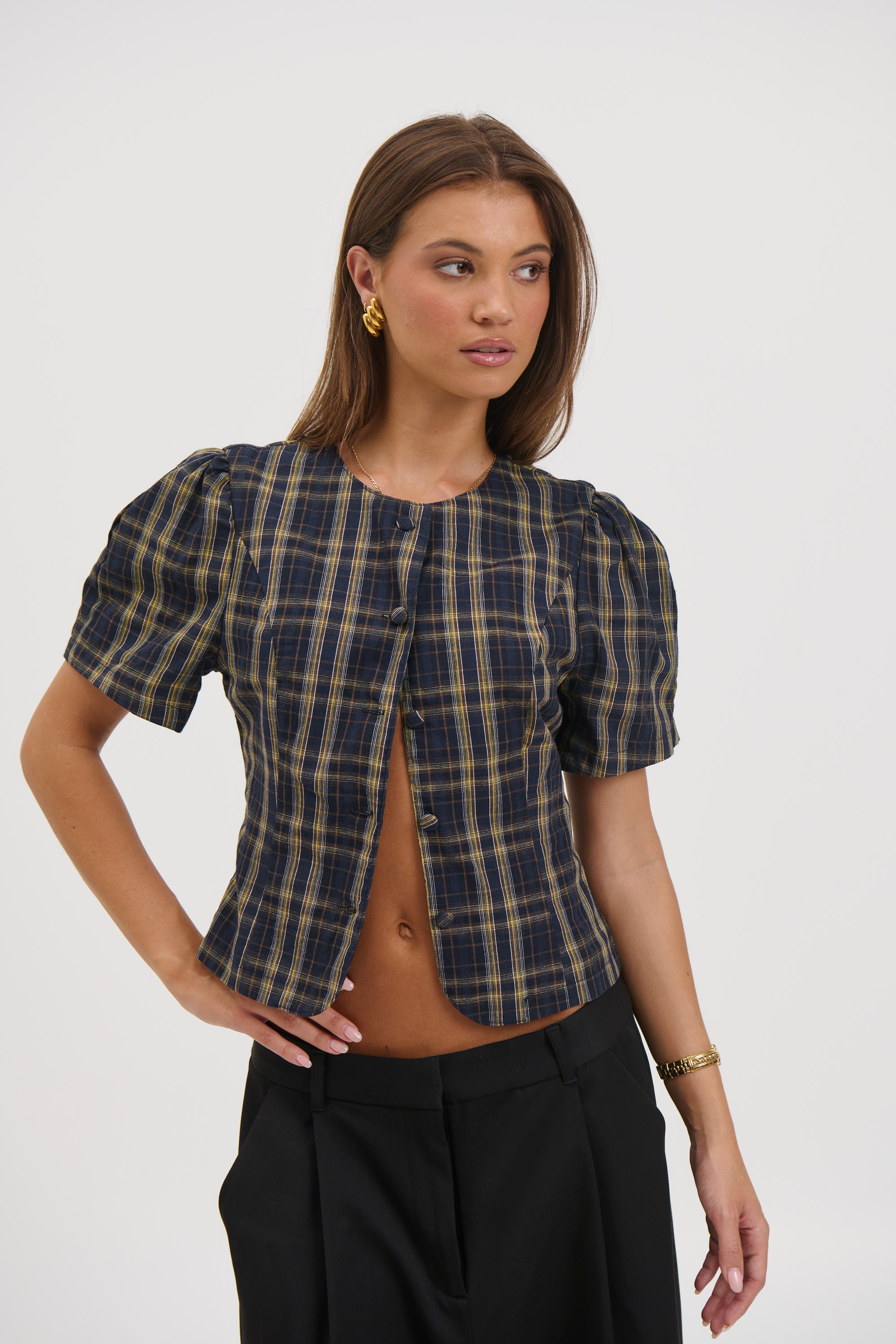 Femme Blouse Navy Lemon Plaid