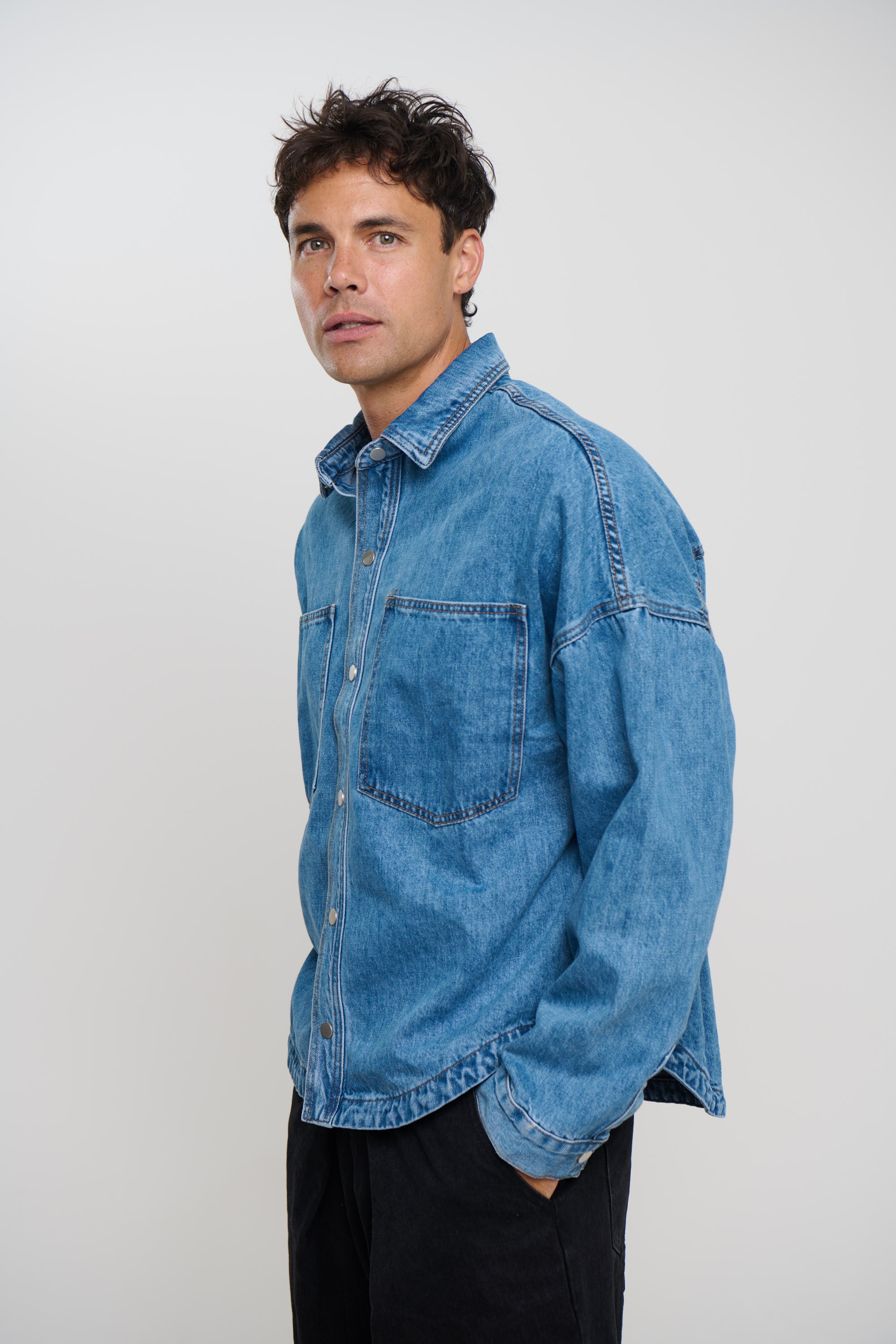 Drop Shoulder Denim Shirt Blue