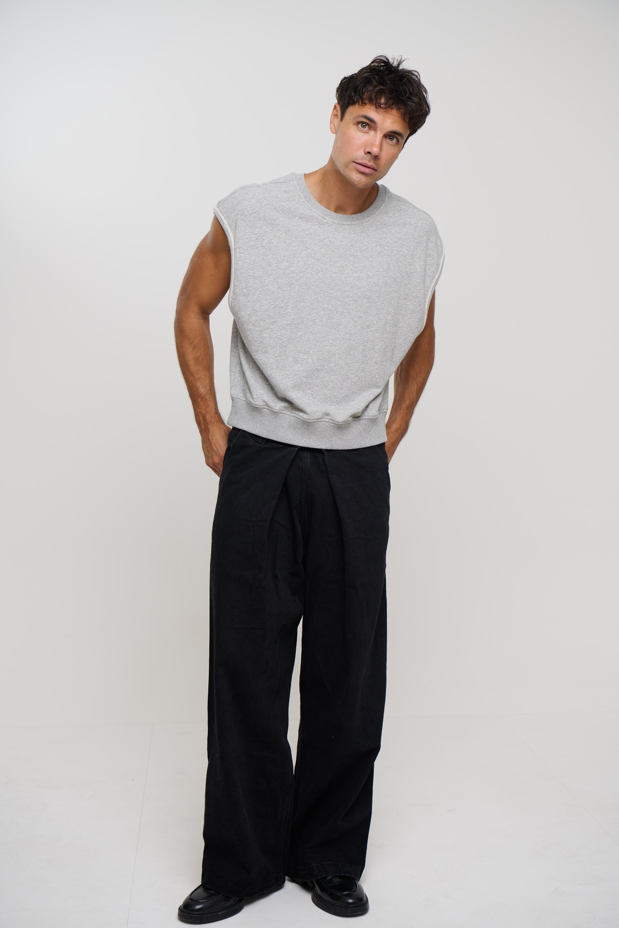 Cropped Fleece Ribbed Tank Grey