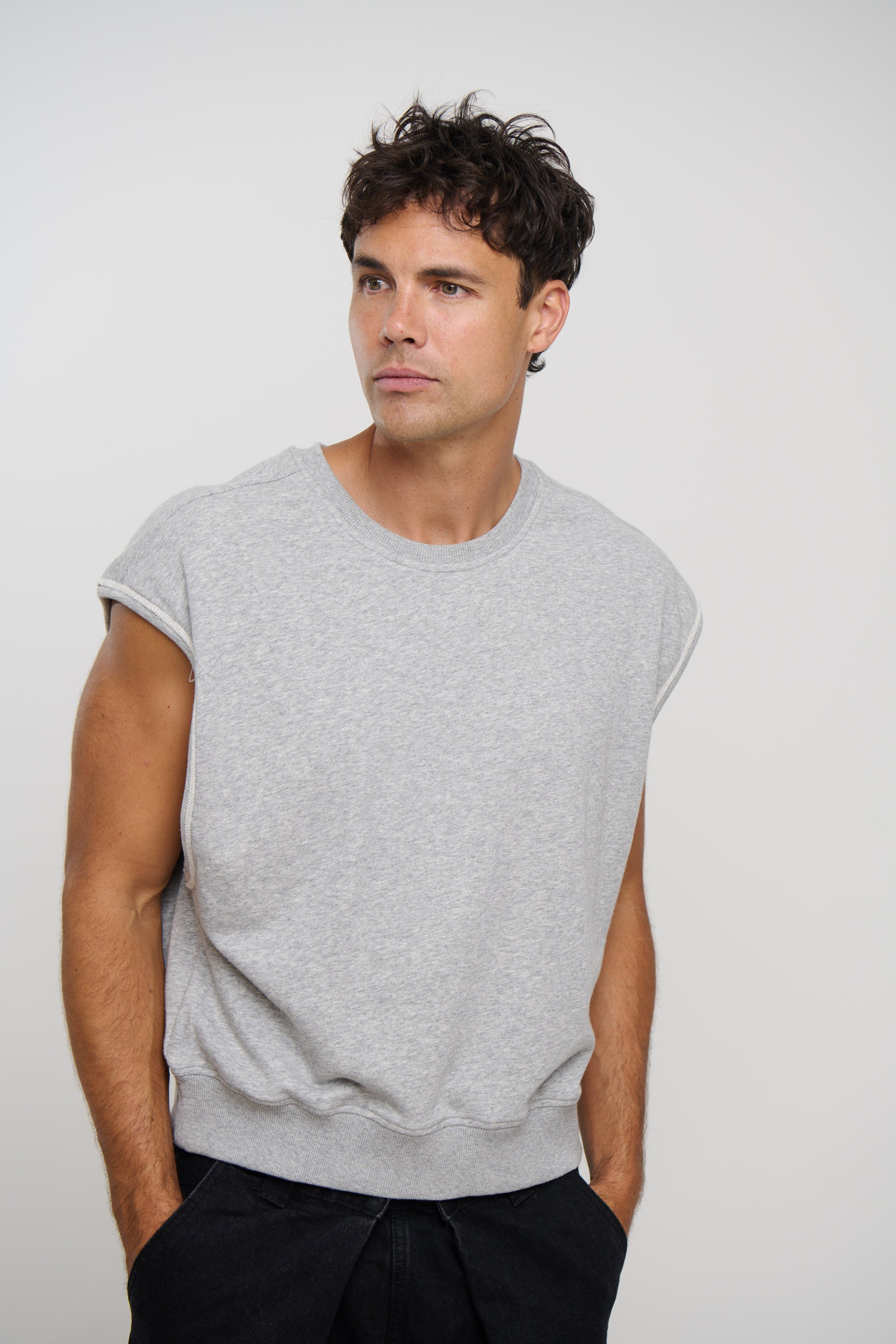 Cropped Fleece Ribbed Tank Grey
