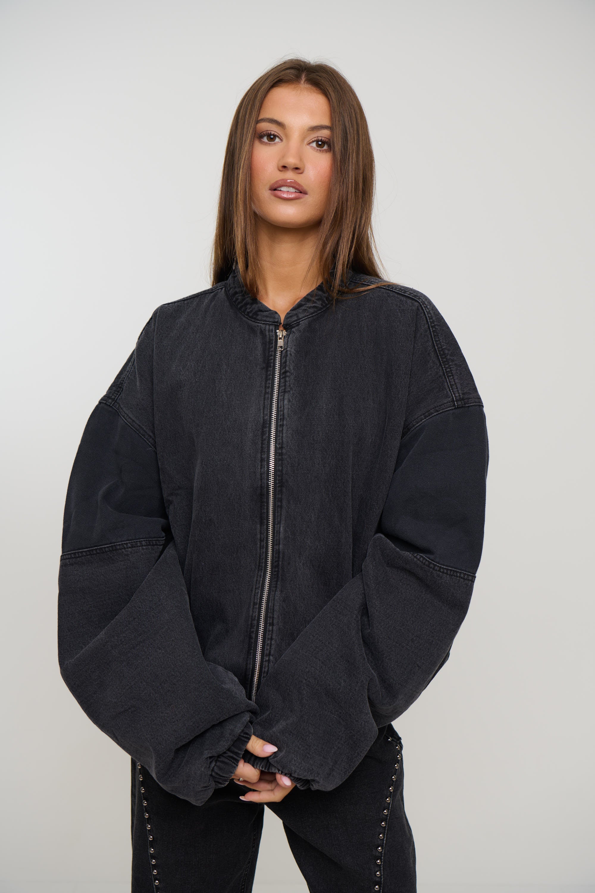 Unisex Panelled Denim Bomber Black