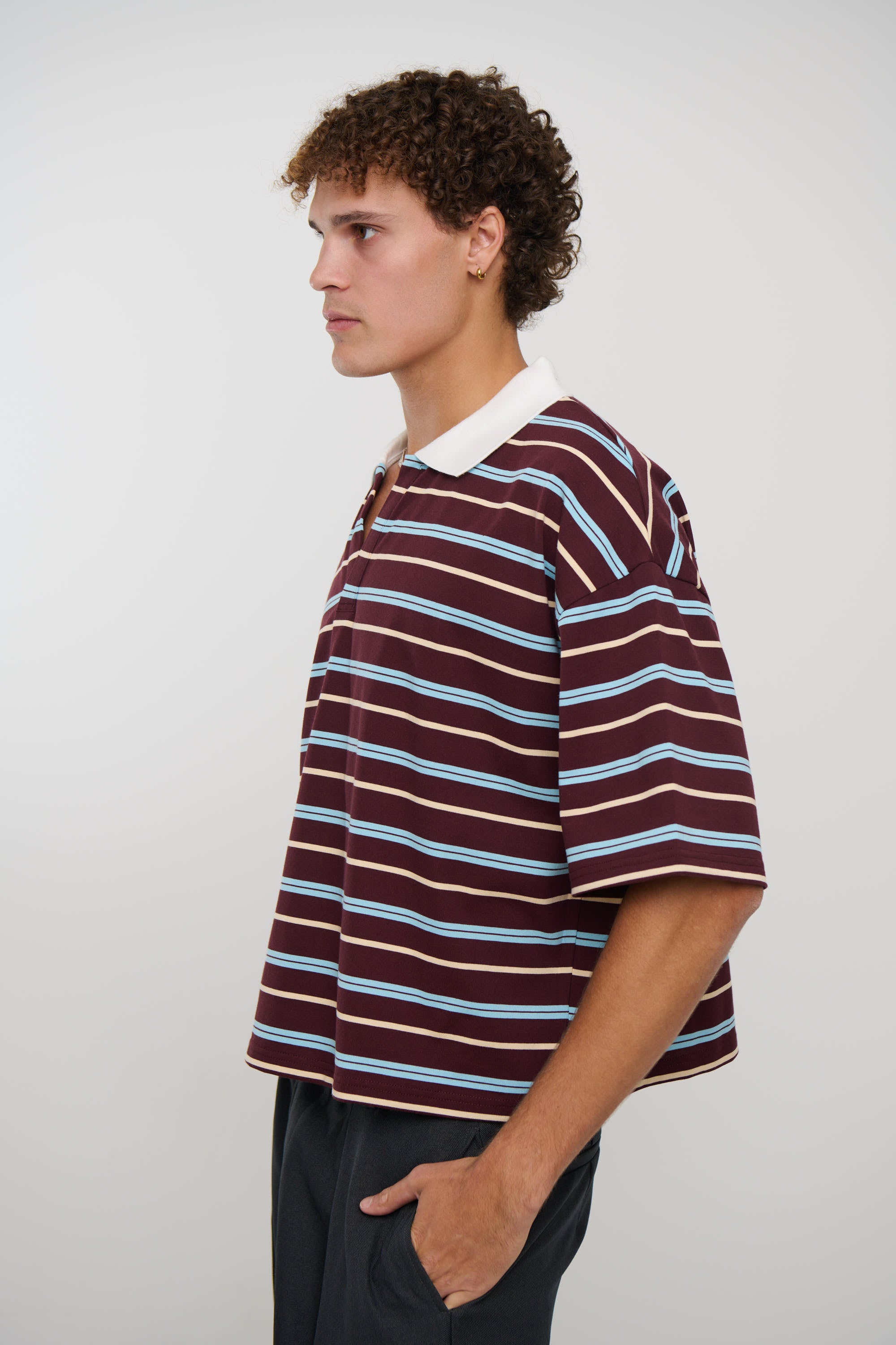 Jersey Crop Polo Wine Stripe