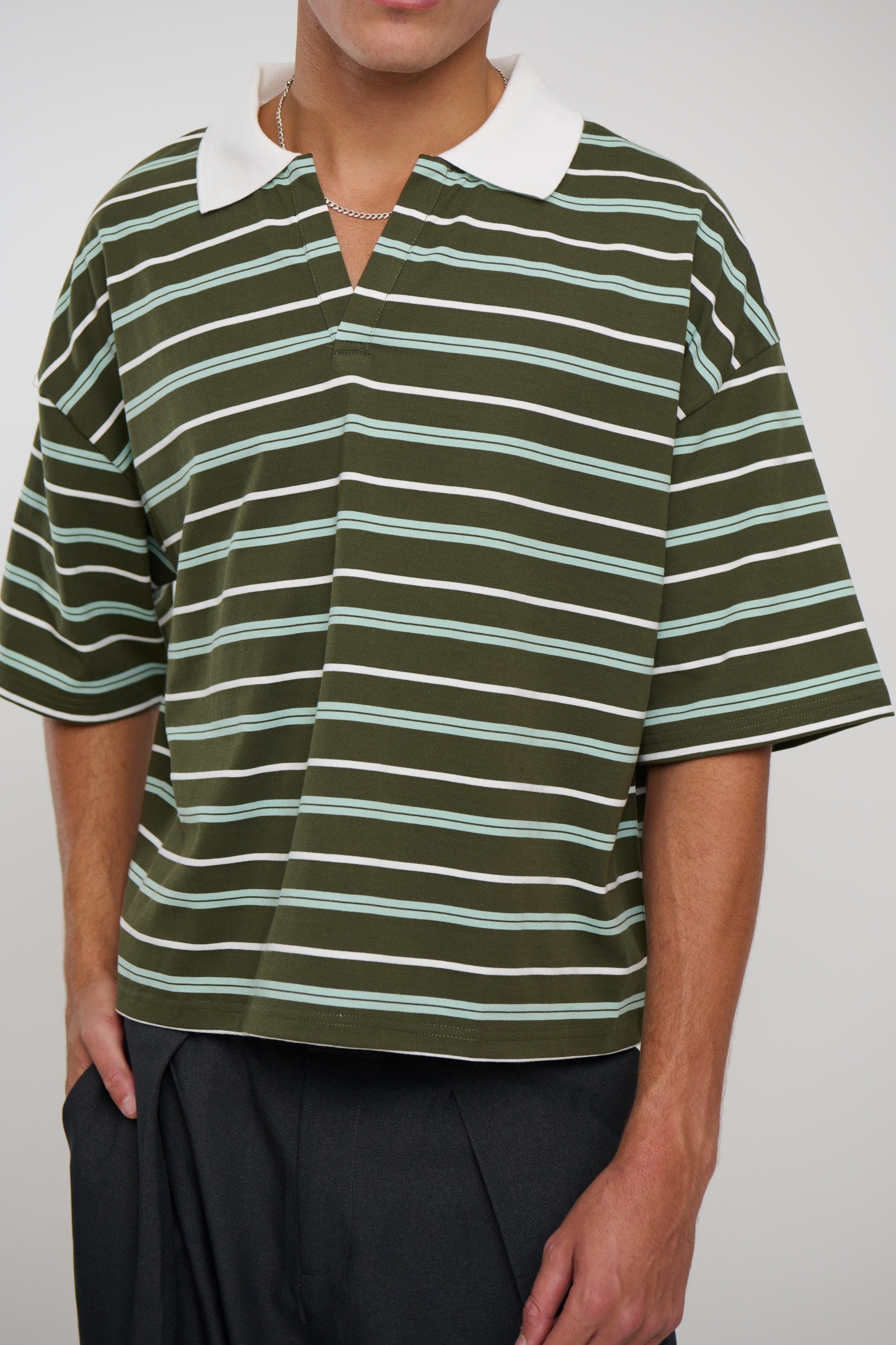 Jersey Crop Polo Olive Stripe