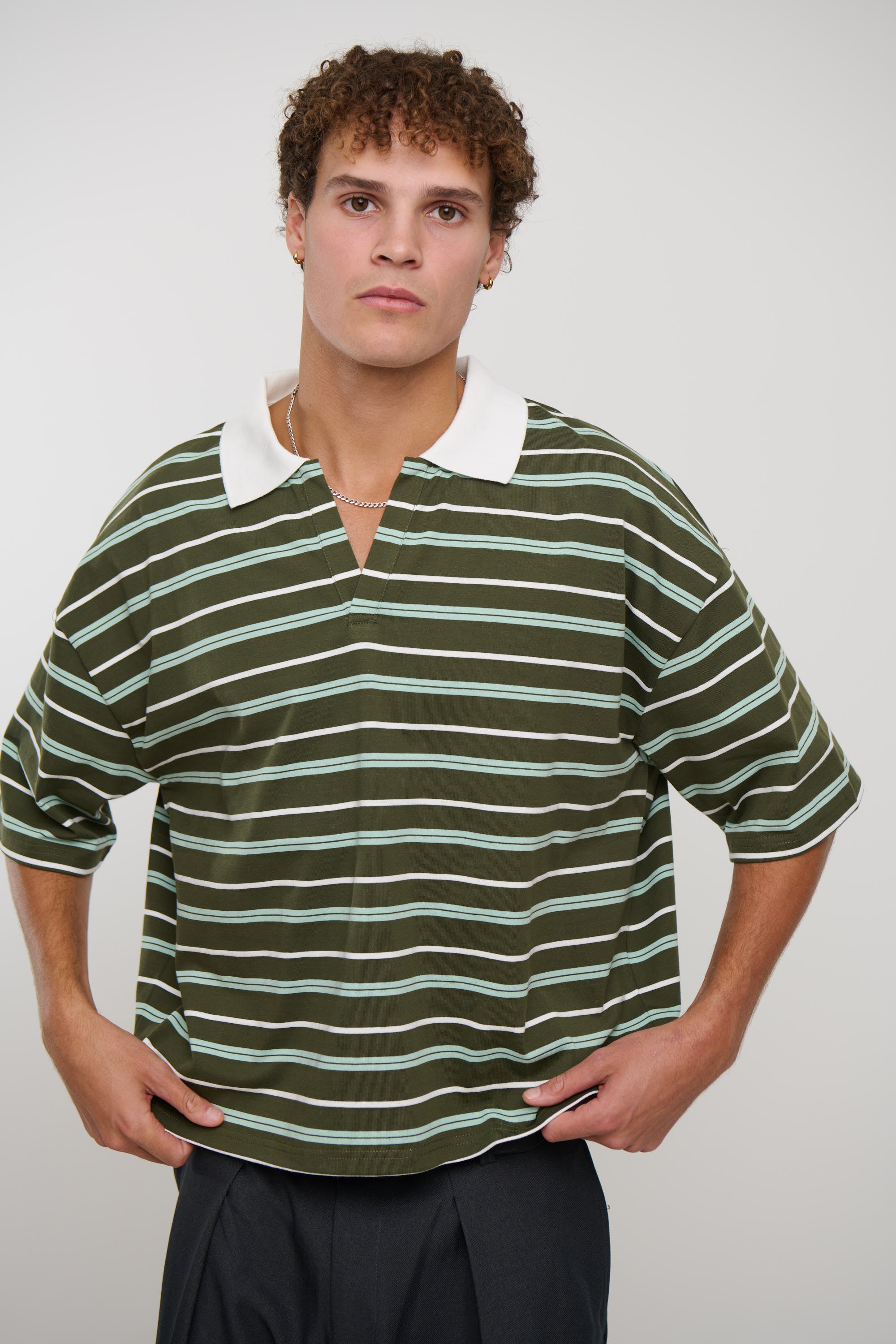 Jersey Crop Polo Olive Stripe