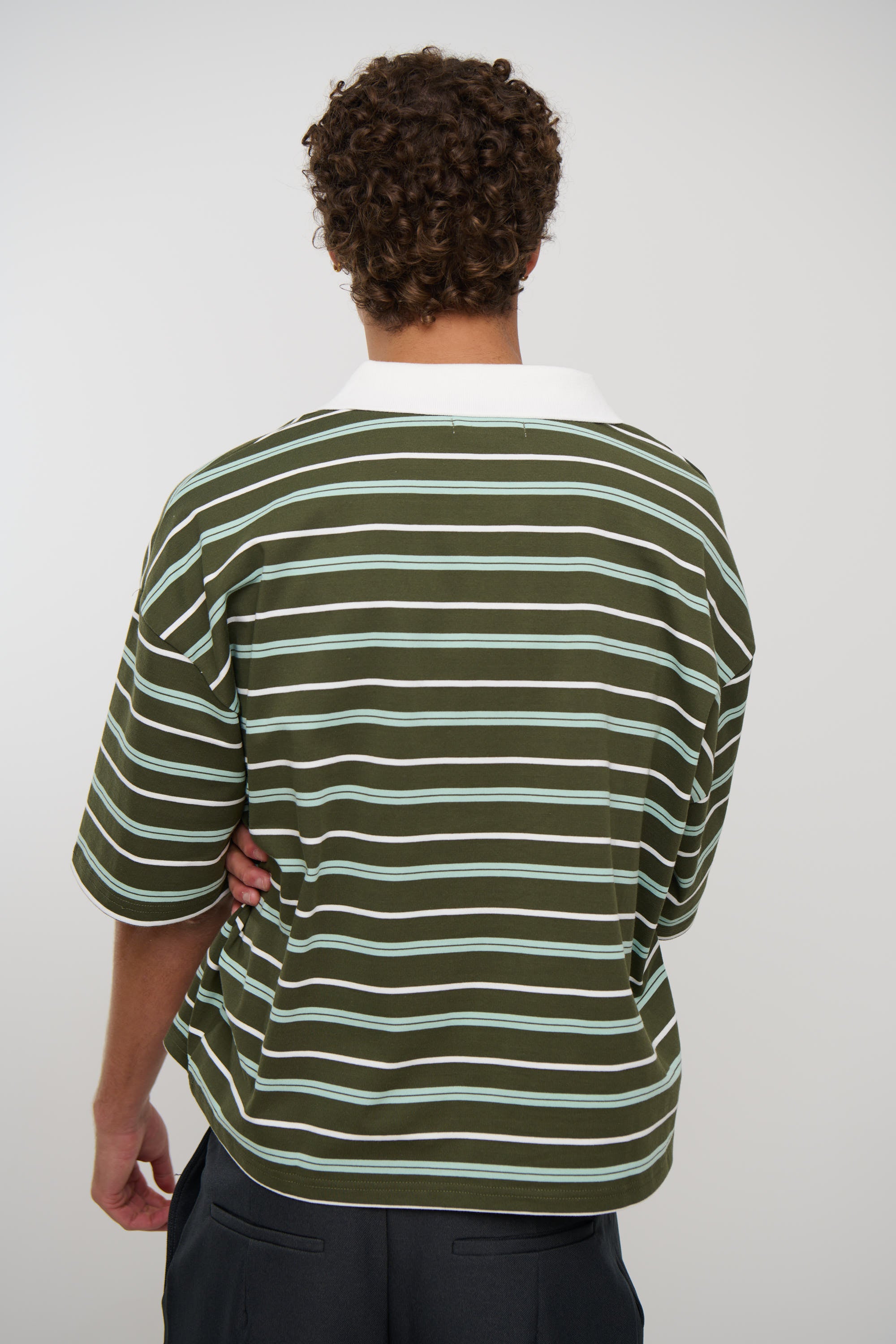 Jersey Crop Polo Olive Stripe