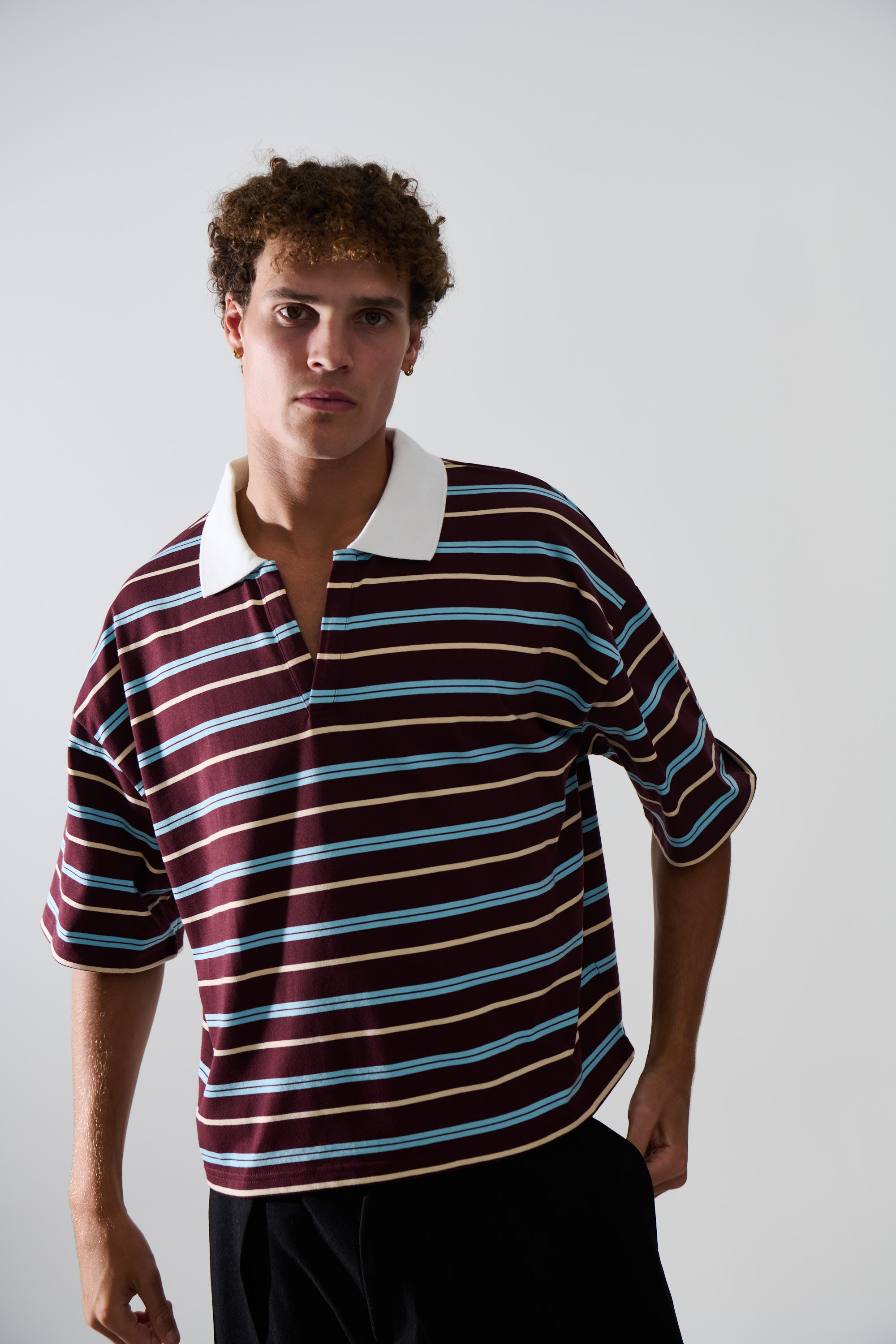 Jersey Crop Polo Wine Stripe