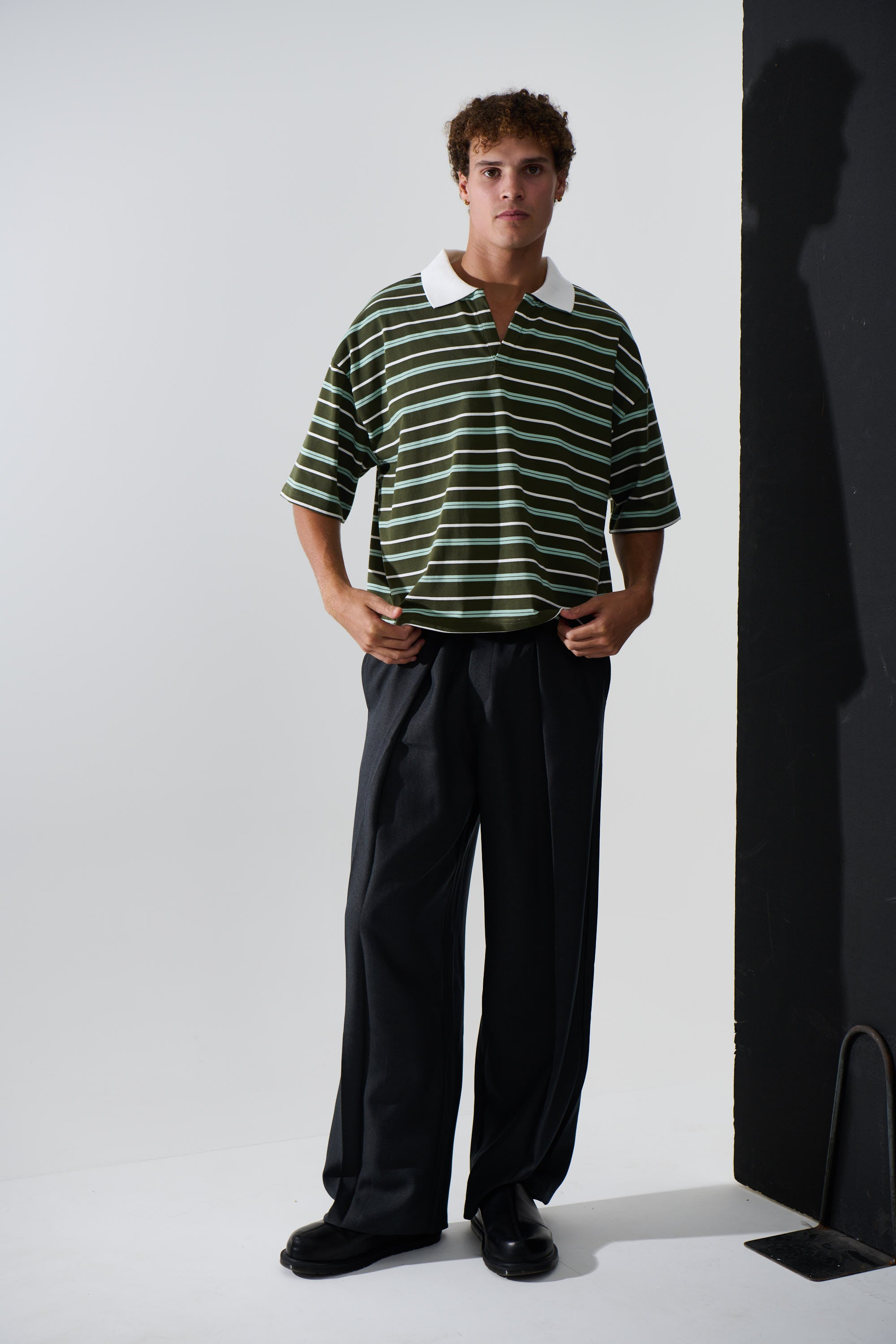 Jersey Crop Polo Olive Stripe