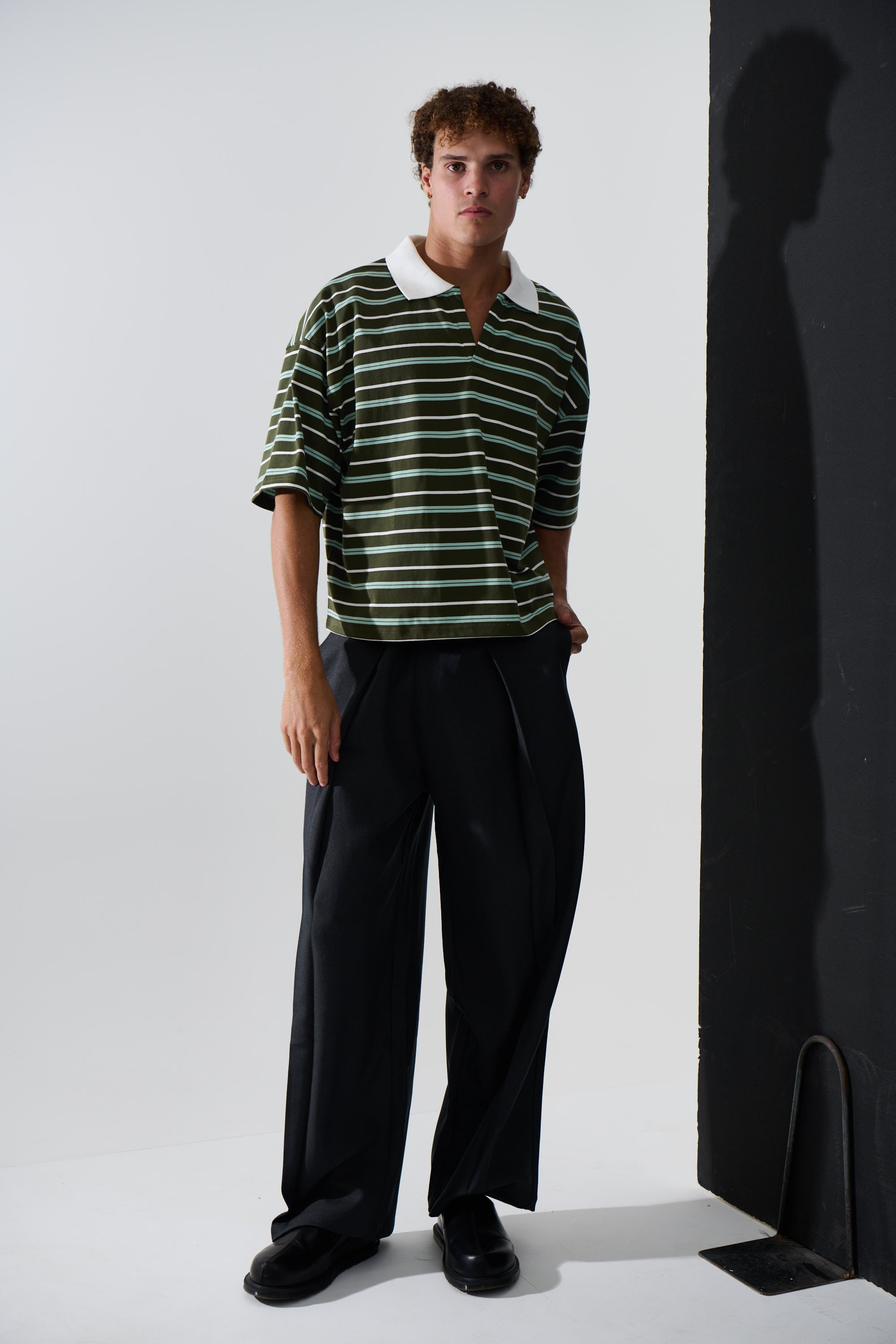 Jersey Crop Polo Olive Stripe