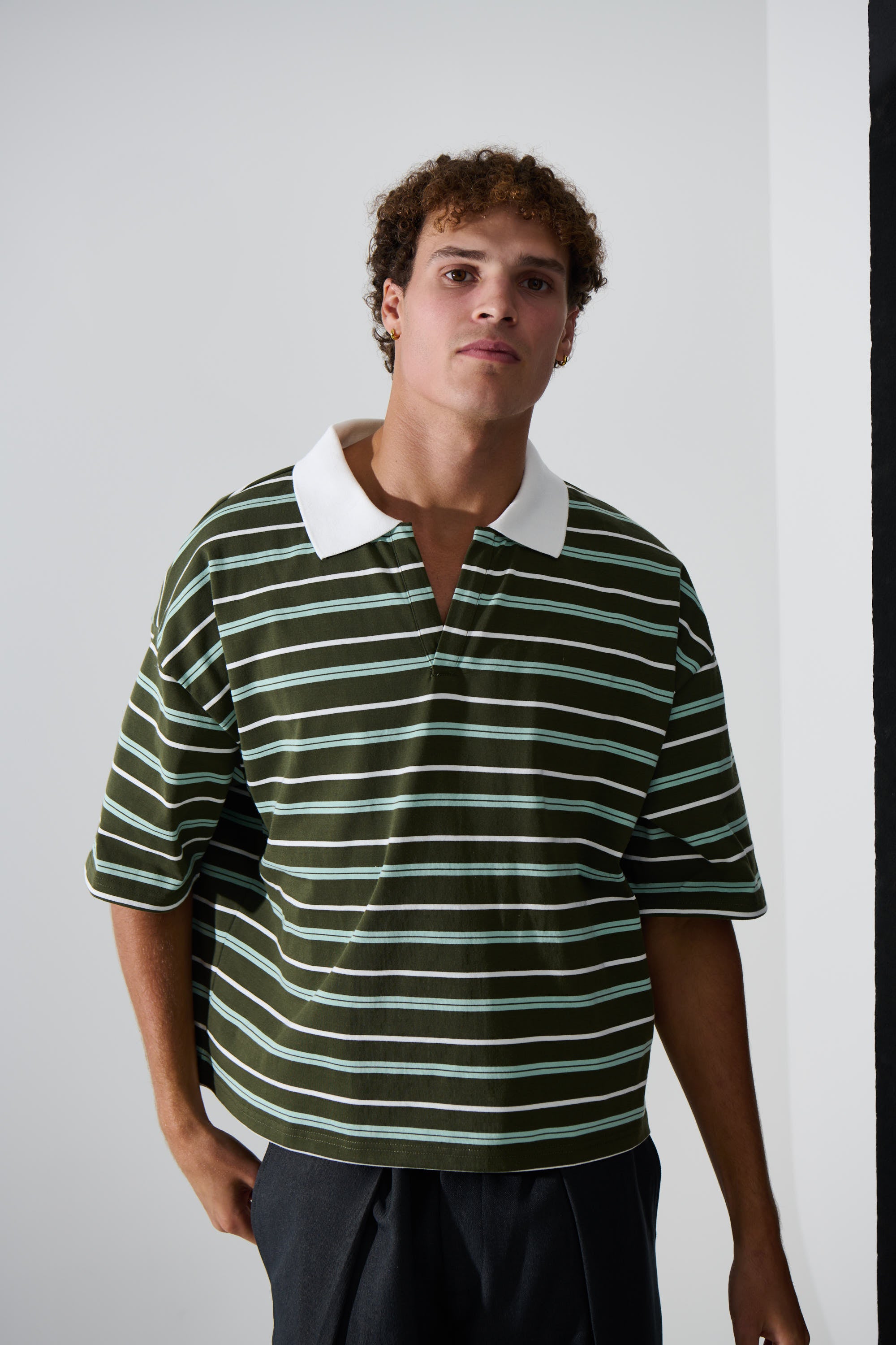 Jersey Crop Polo Olive Stripe
