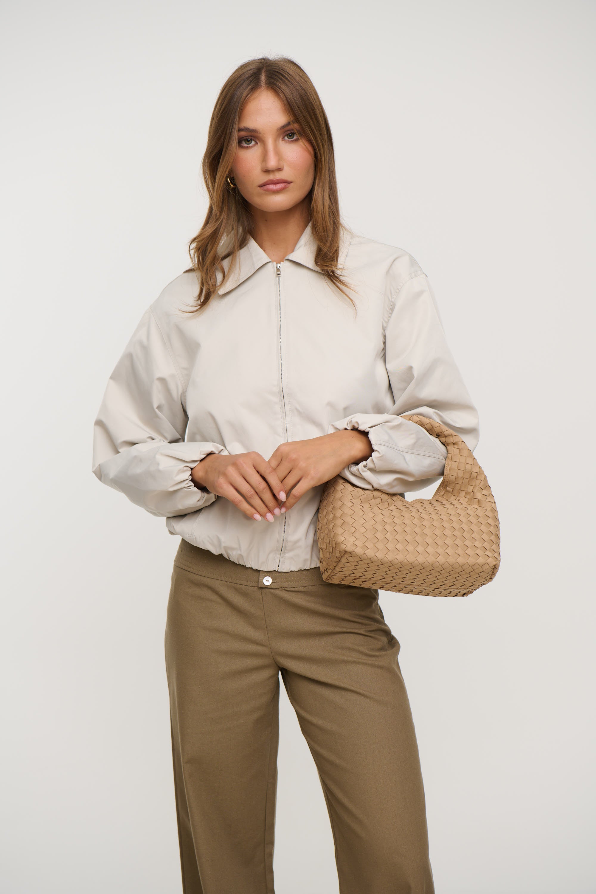 Solene Woven Handle Bag Biscuit Suede