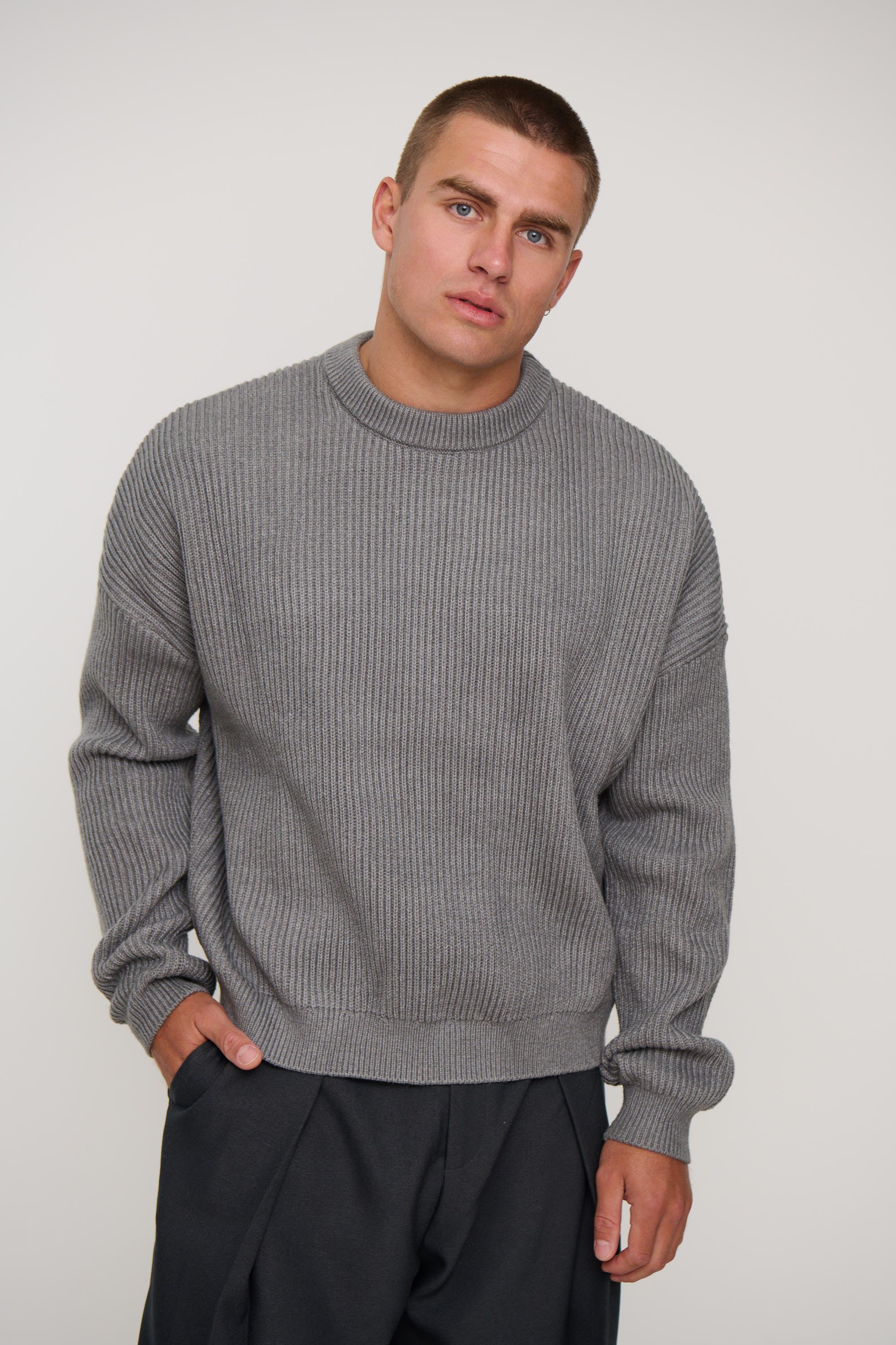 Drop Sleeve Heavy Knit Light Grey