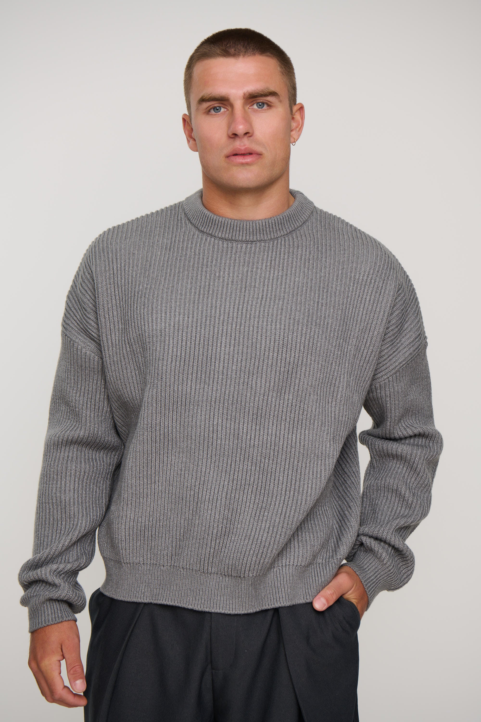 トップス STONE  Knit Sweater Gray Large Buy Light Grey Heavy Knit Drop Sleeve Sweater | Bronze Snake