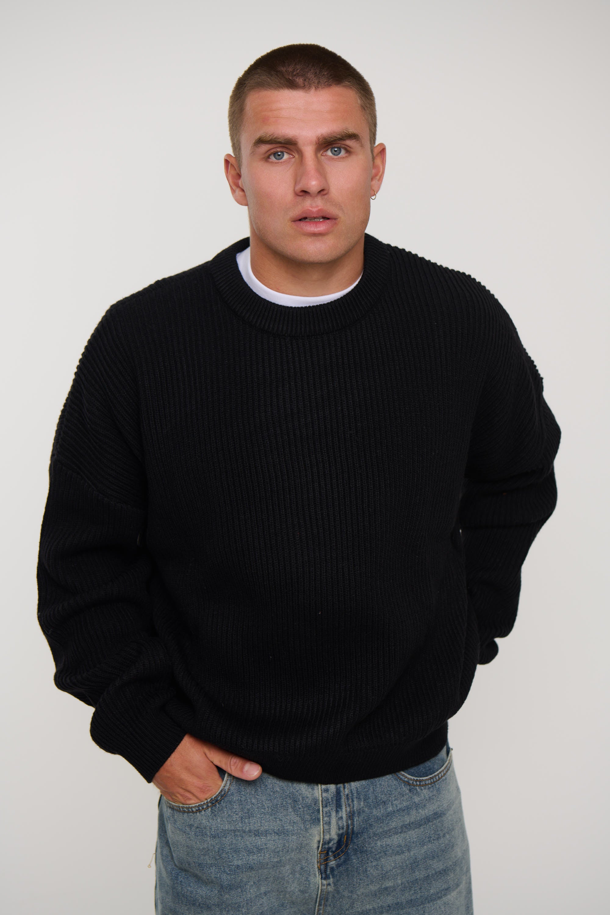 Buy Black Heavy Knit Drop Sleeve Sweater | Bronze Snake
