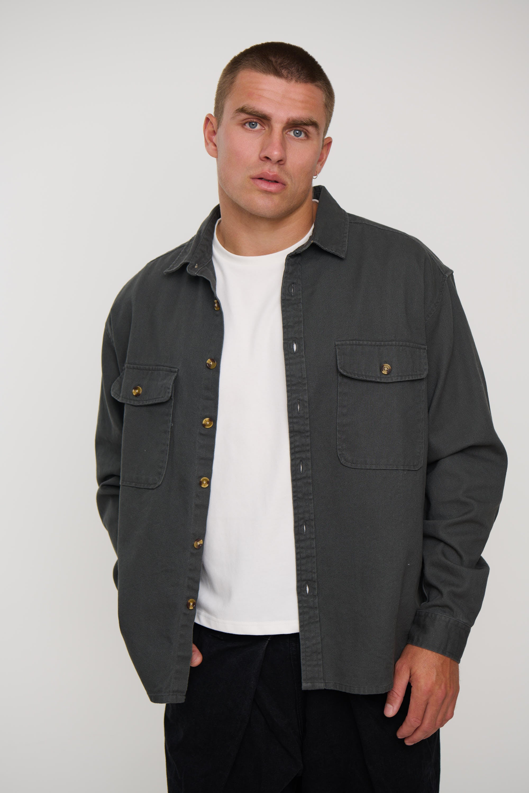 Mike Cotton Drill Shacket Charcoal