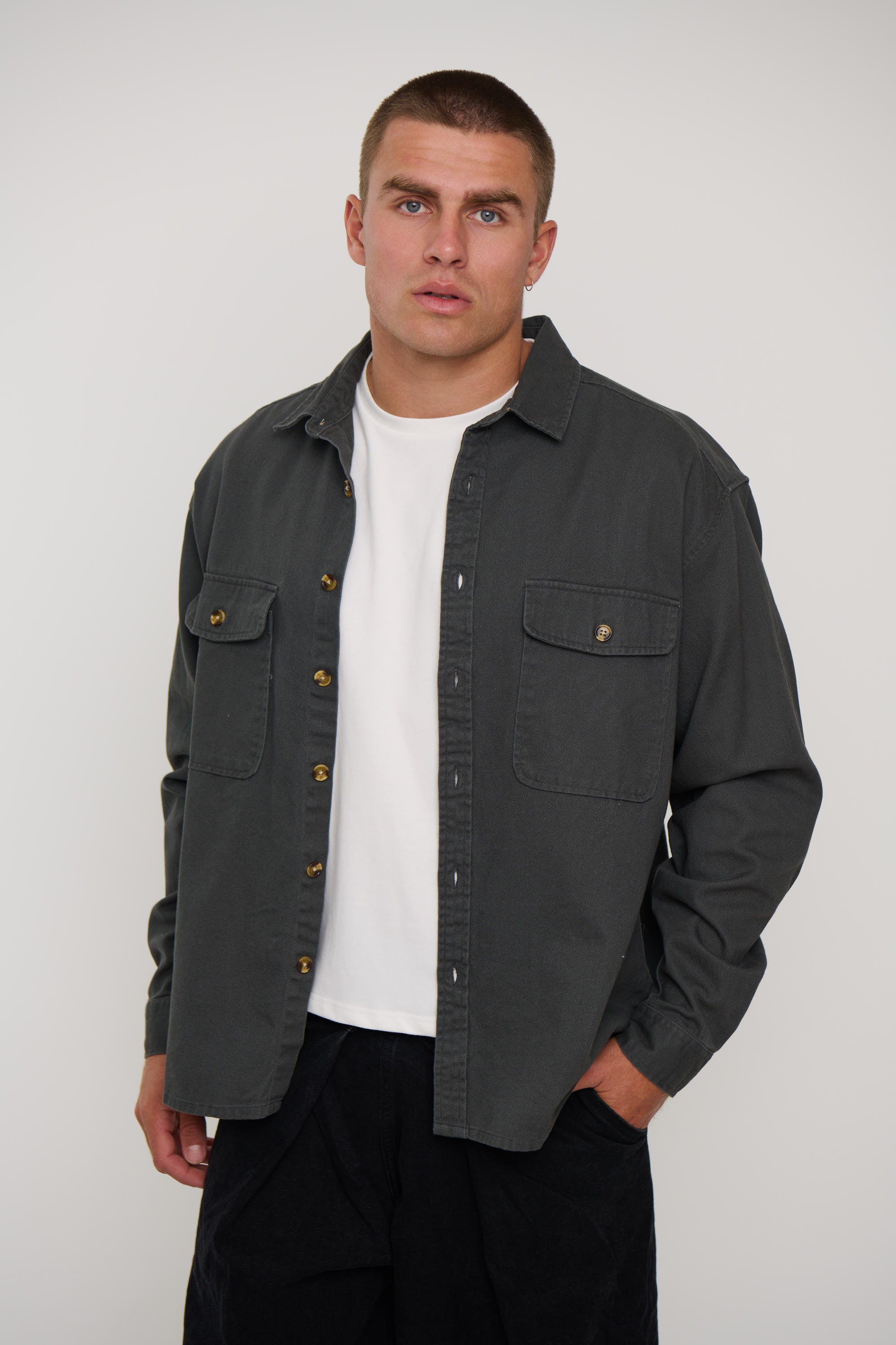 Mike Cotton Drill Shacket Charcoal