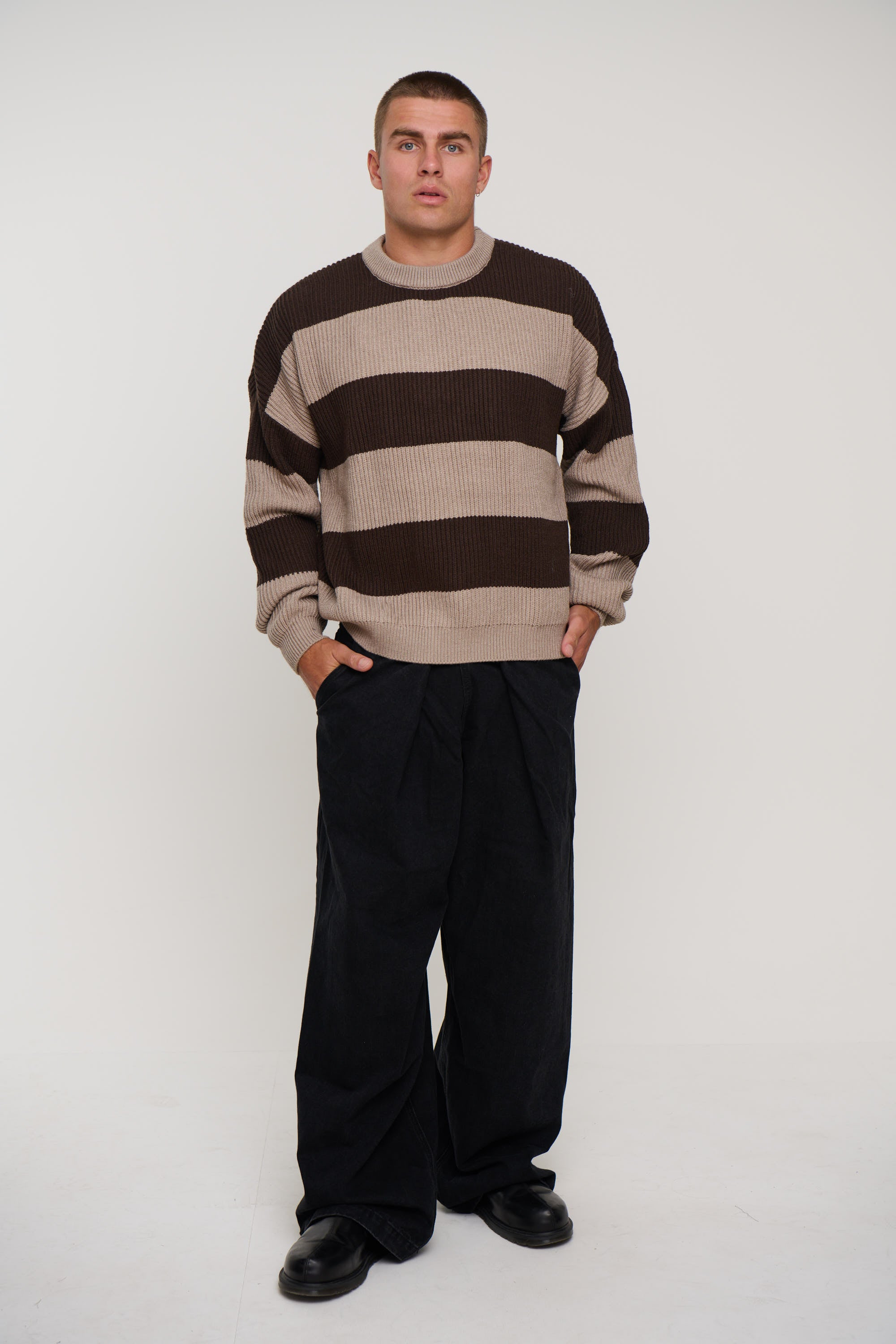 Drop Sleeve Heavy Knit Choc Stripe