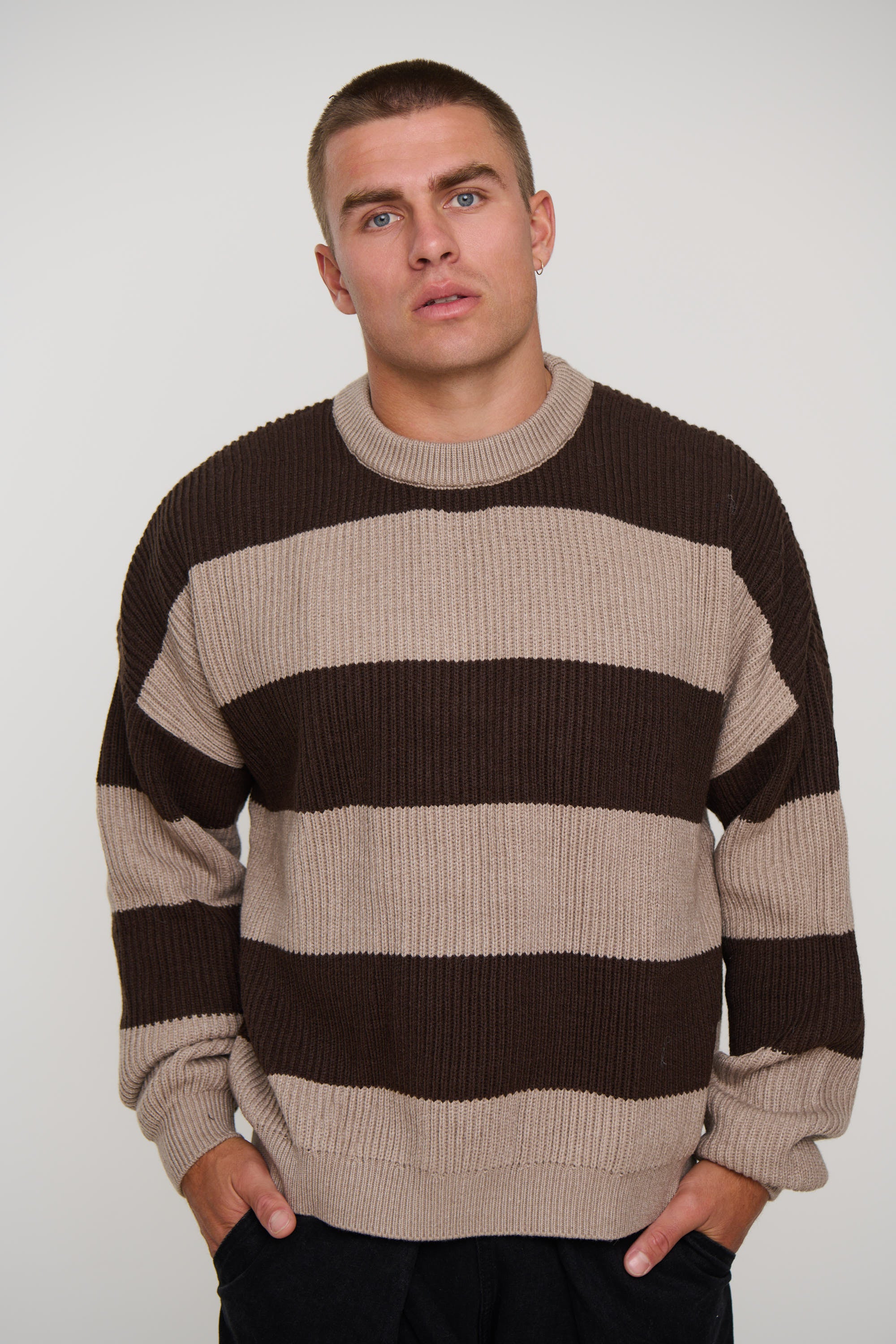 Drop Sleeve Heavy Knit Choc Stripe