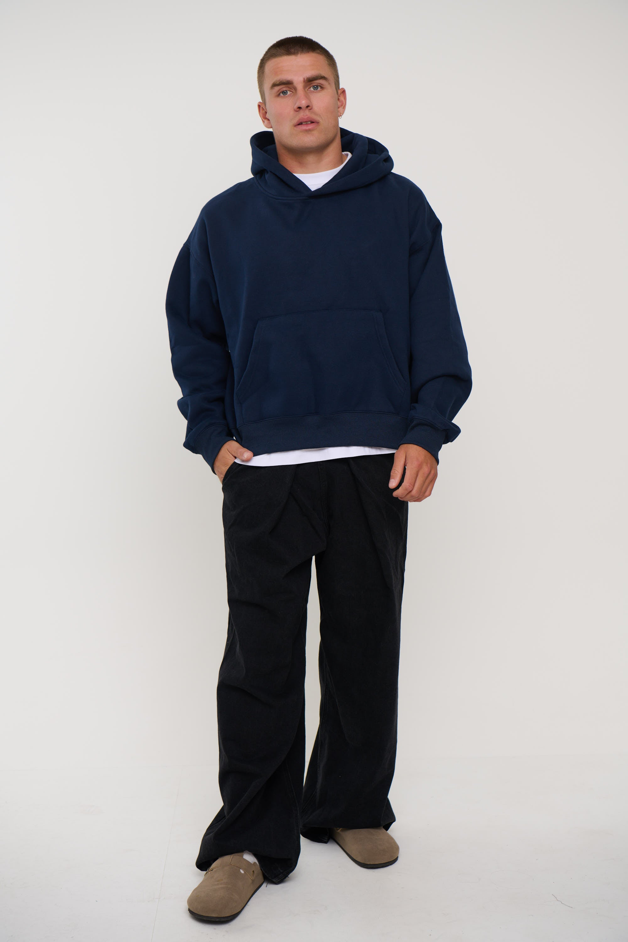Roman Cropped Drop Hoodie Navy