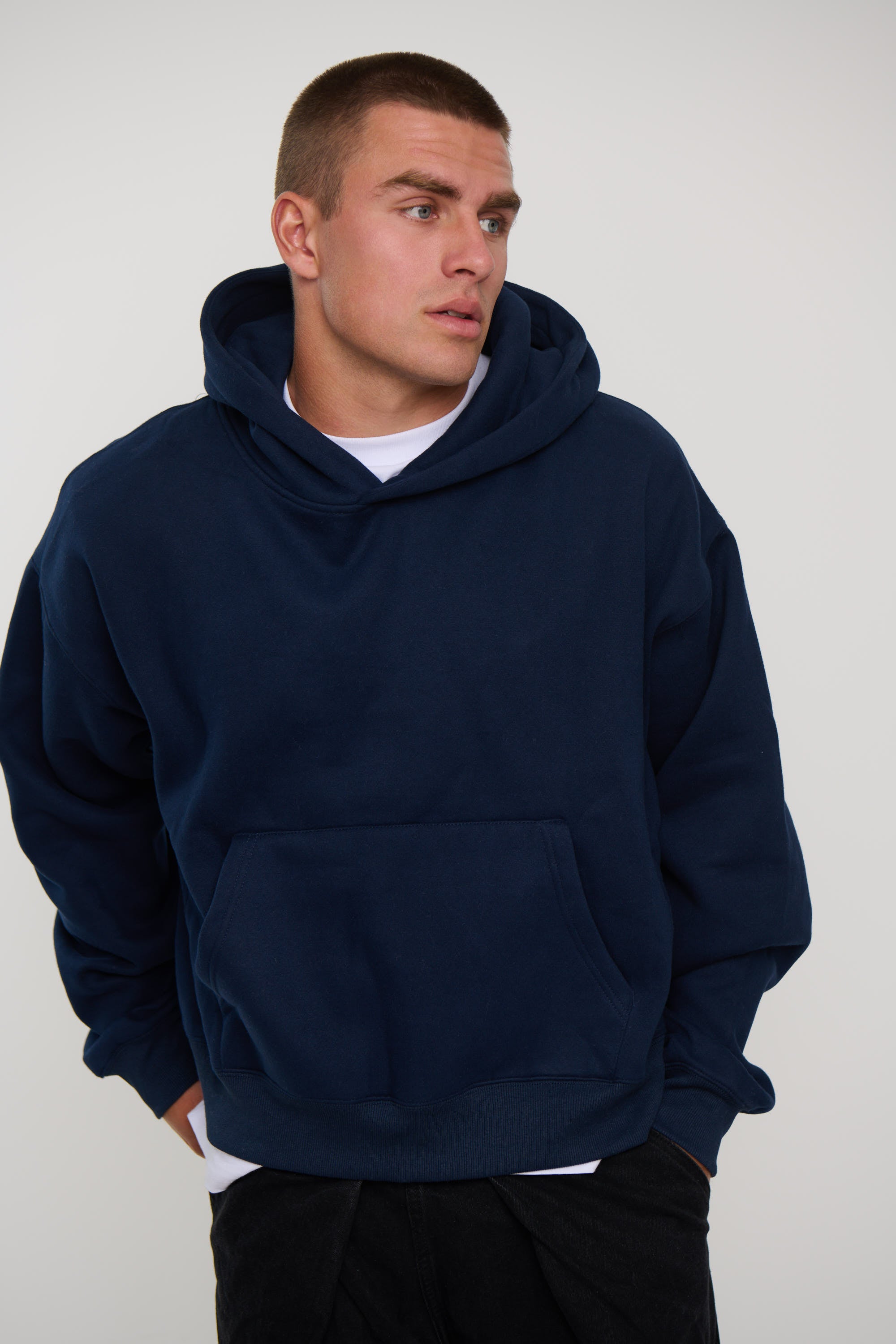 Roman Cropped Drop Hoodie Navy