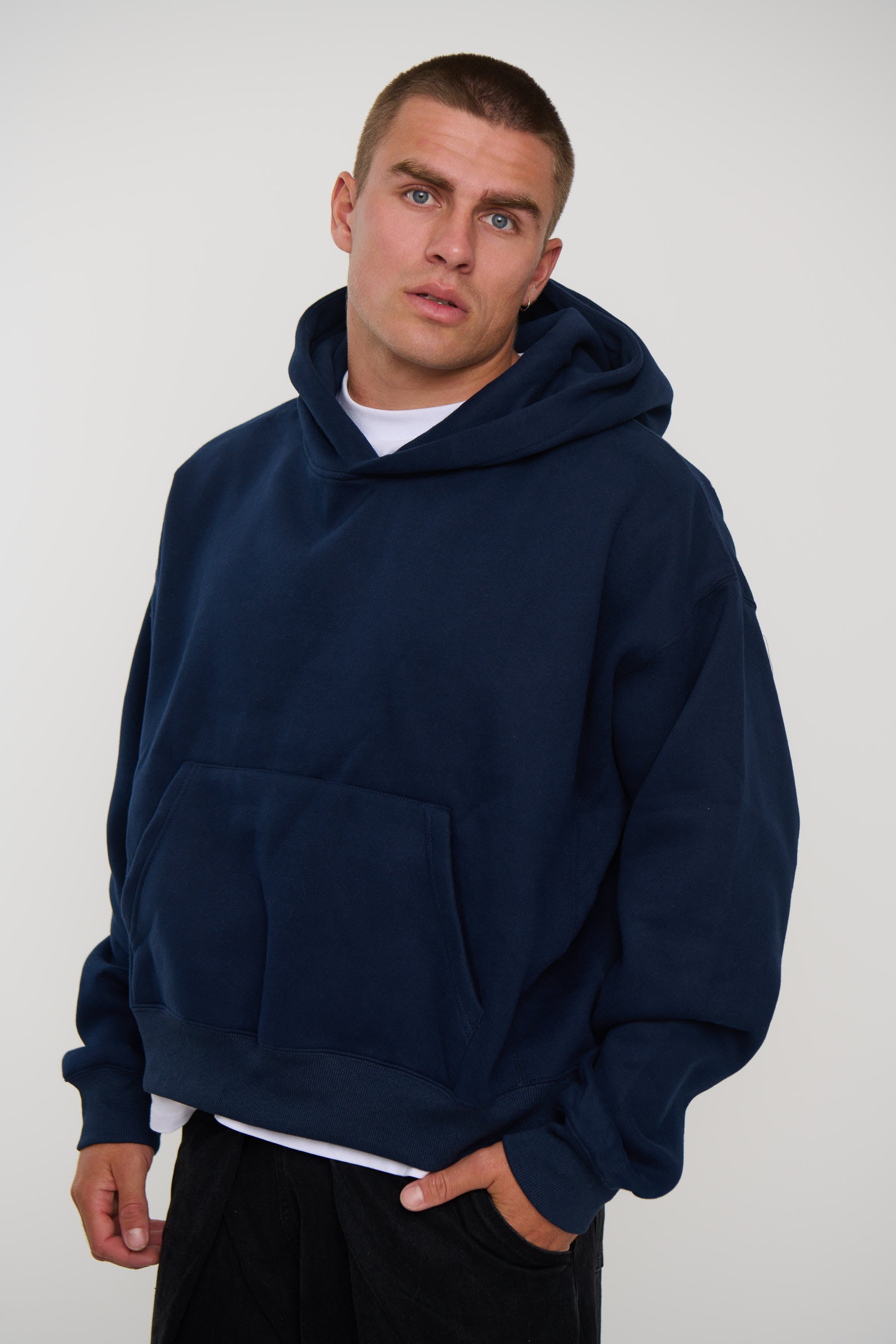 Roman Cropped Drop Hoodie Navy