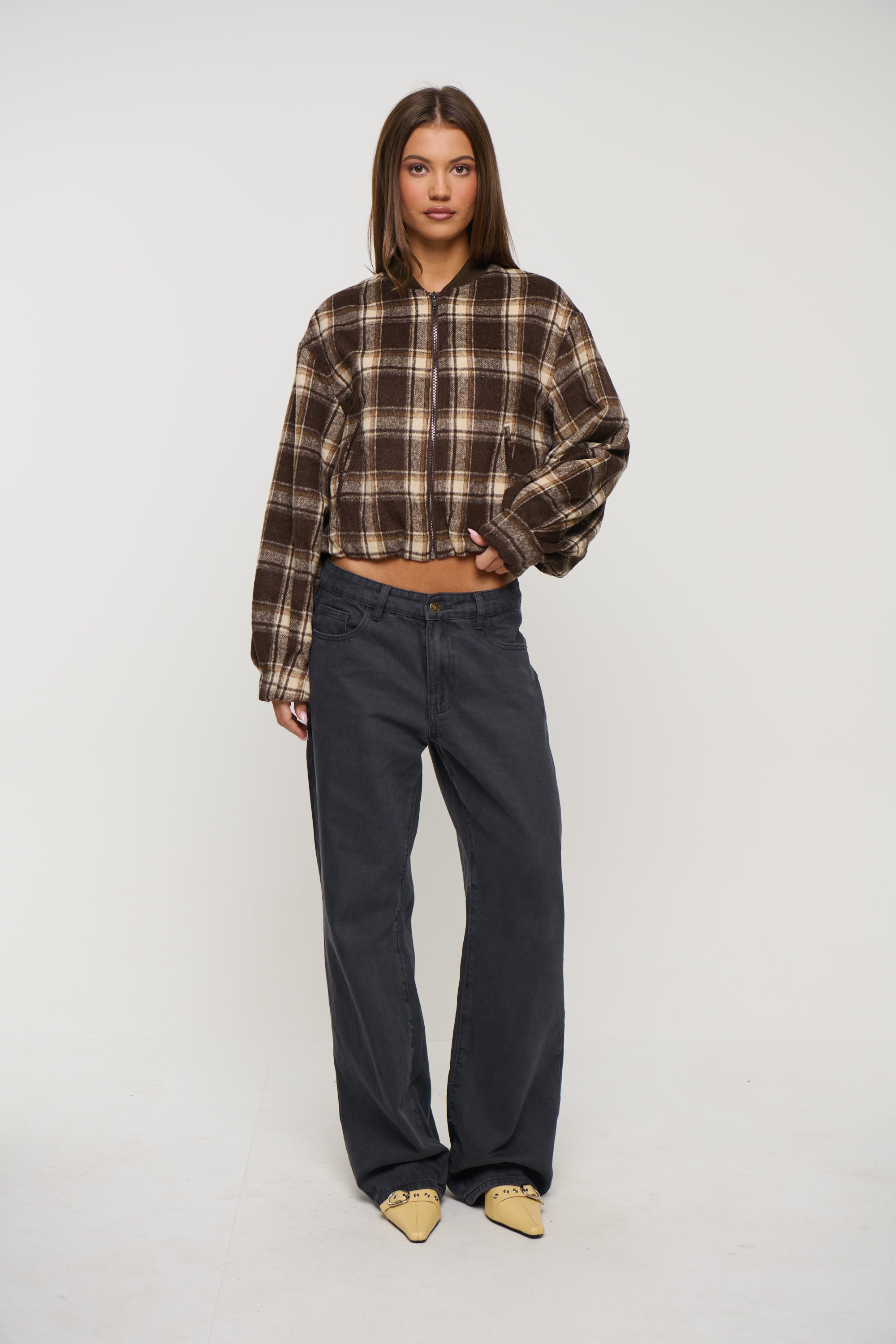 Clara Bomber Brown Check