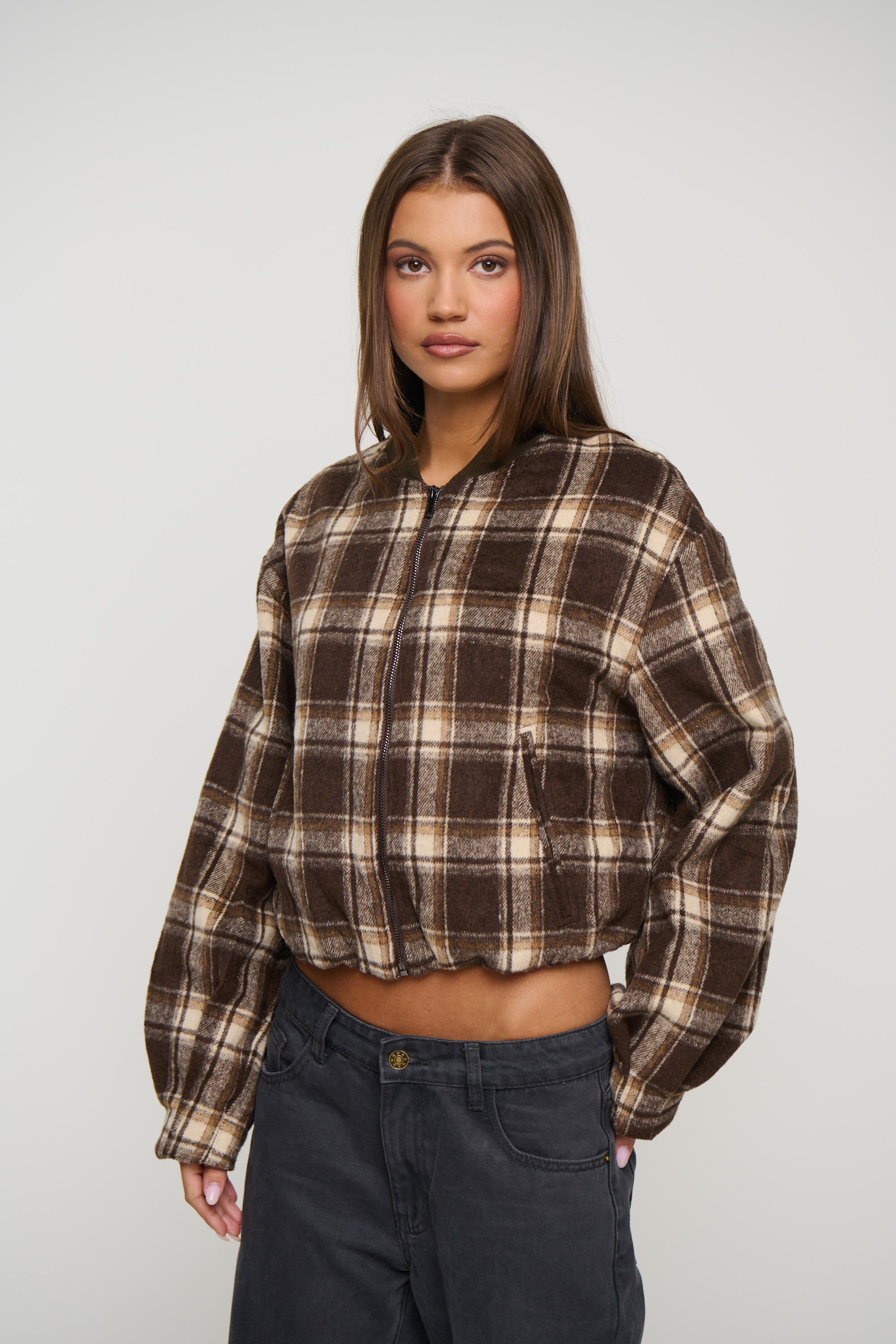 Clara Bomber Brown Check