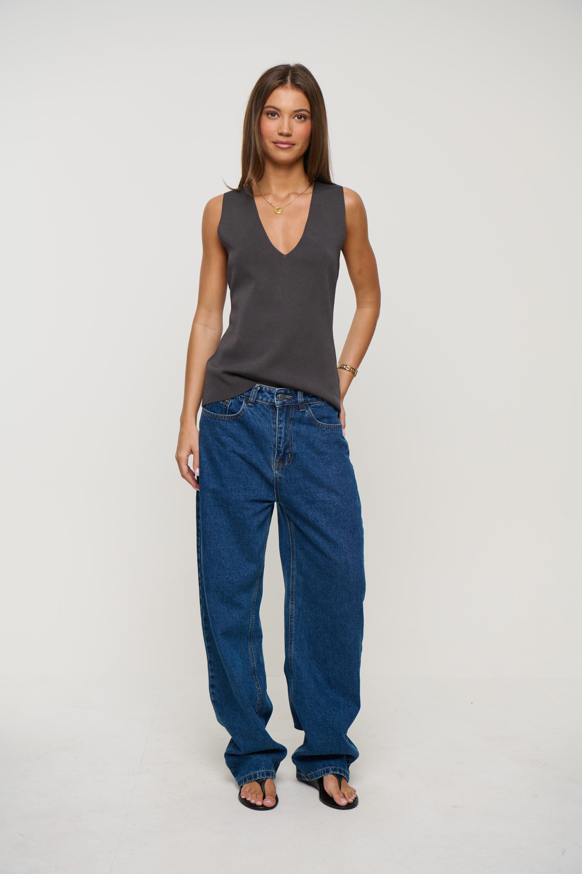 Larna V Neck Tank Dark Grey