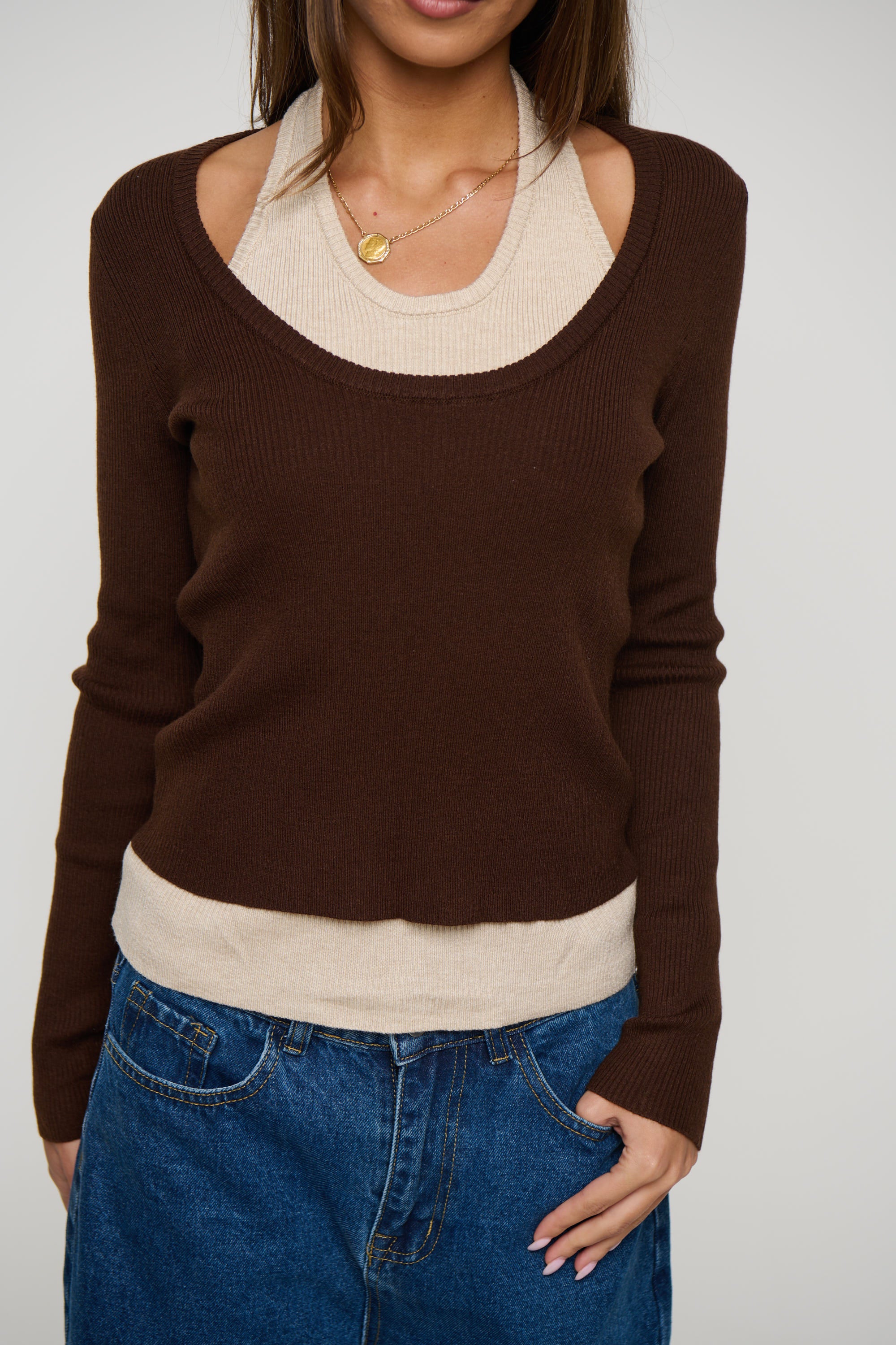 Lorena Layered Ribbed Top Chocolate