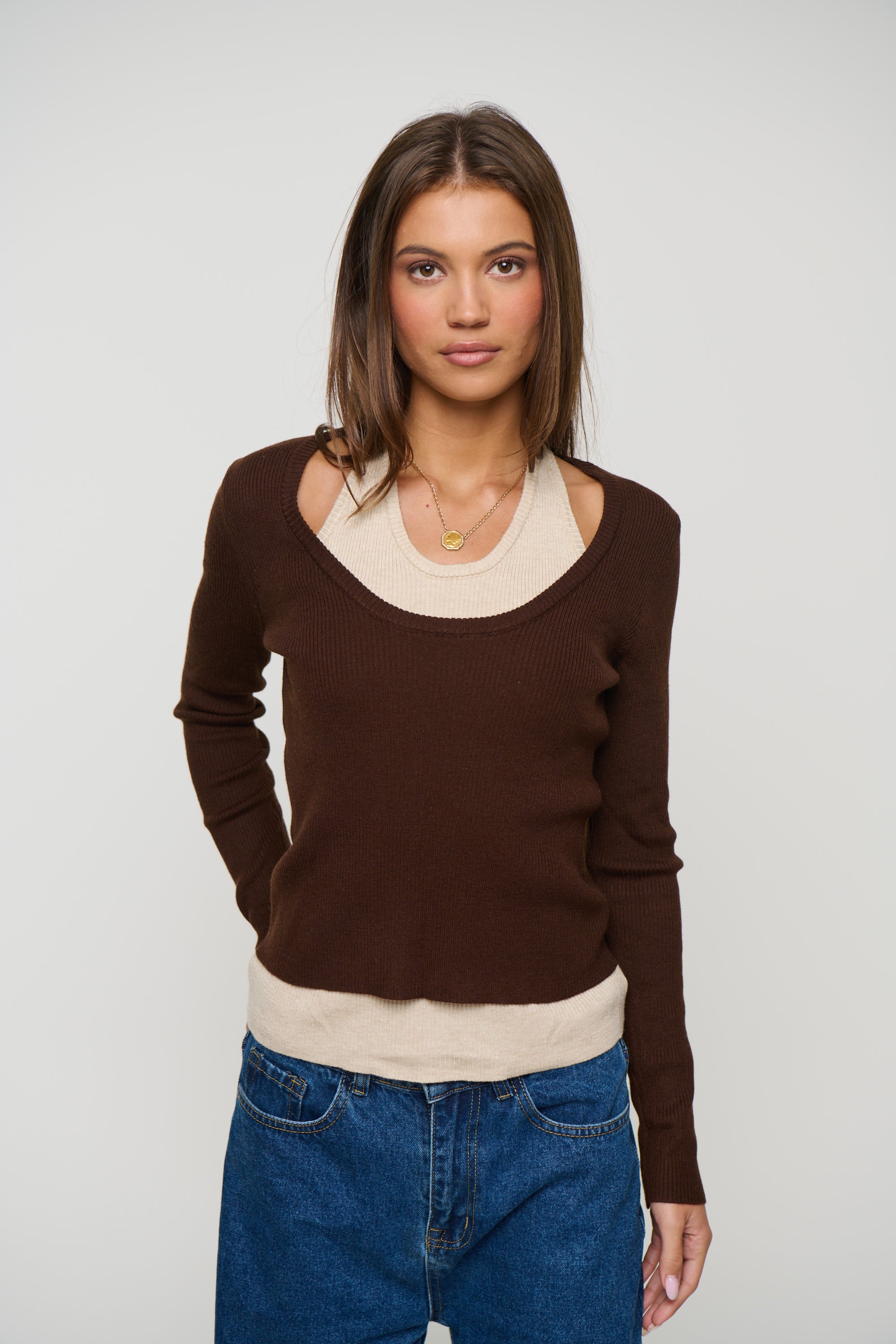 Lorena Layered Ribbed Top Chocolate