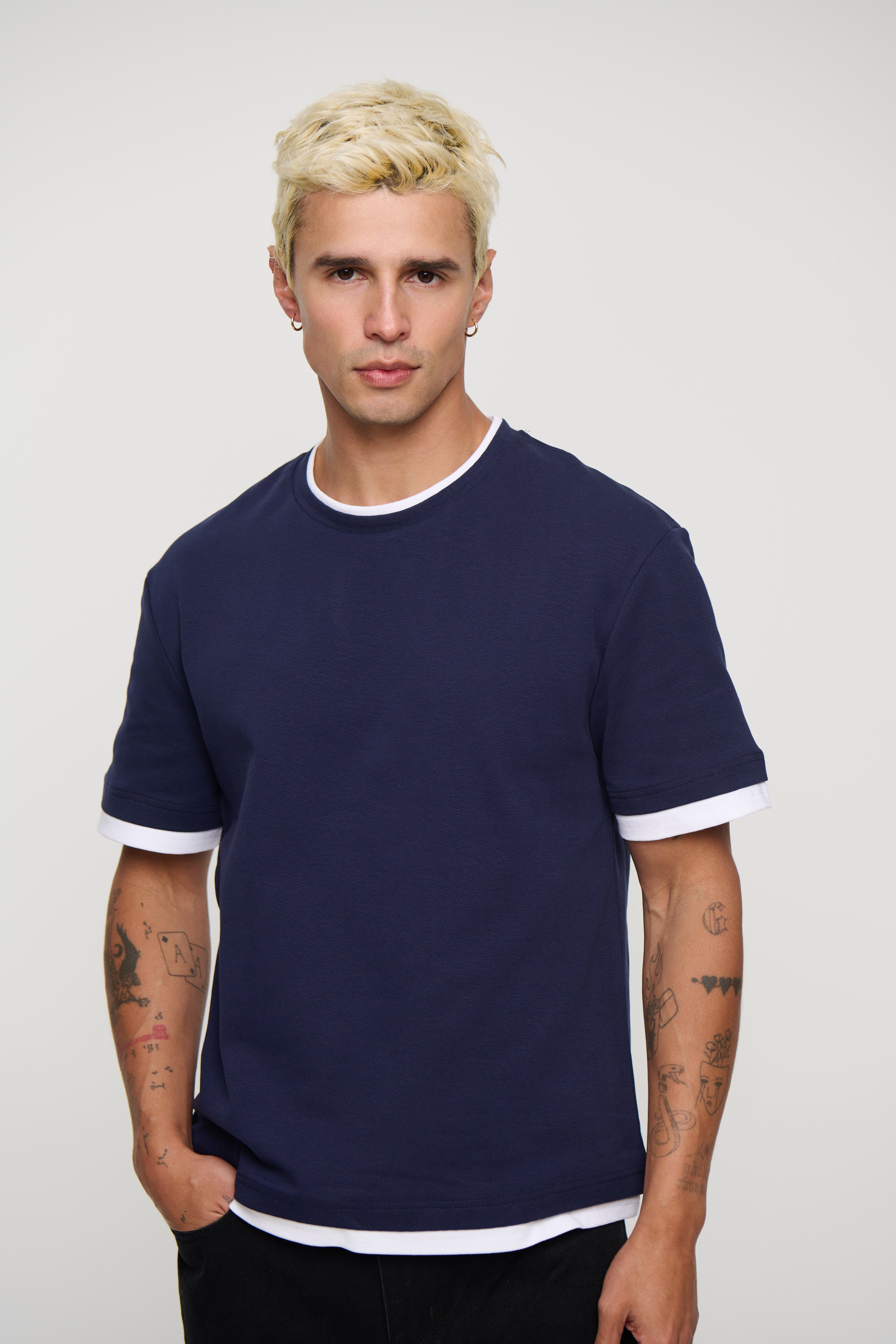Double Trim Cotton Tee Navy