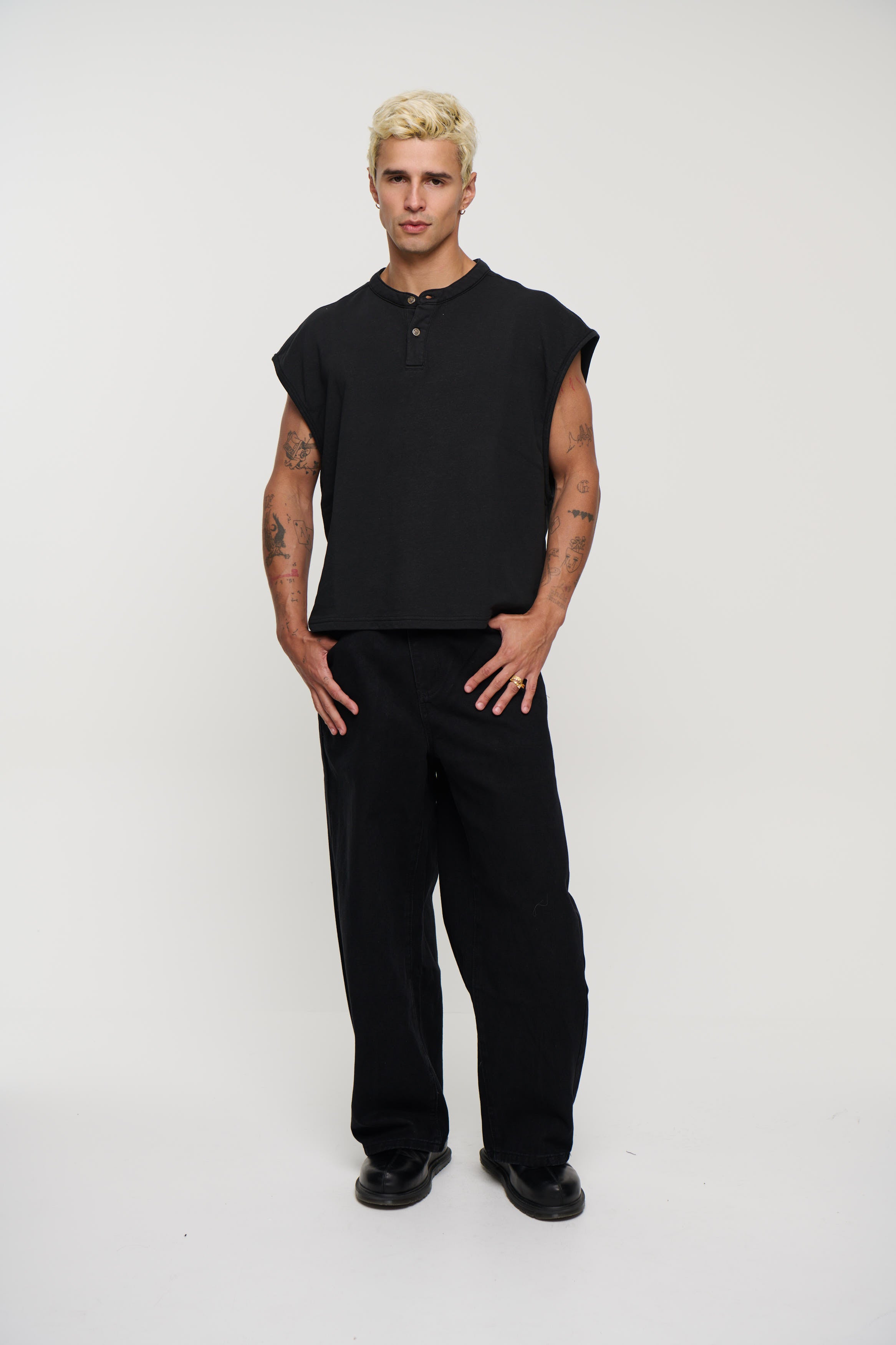 Fleece Crop Henley Tank Black