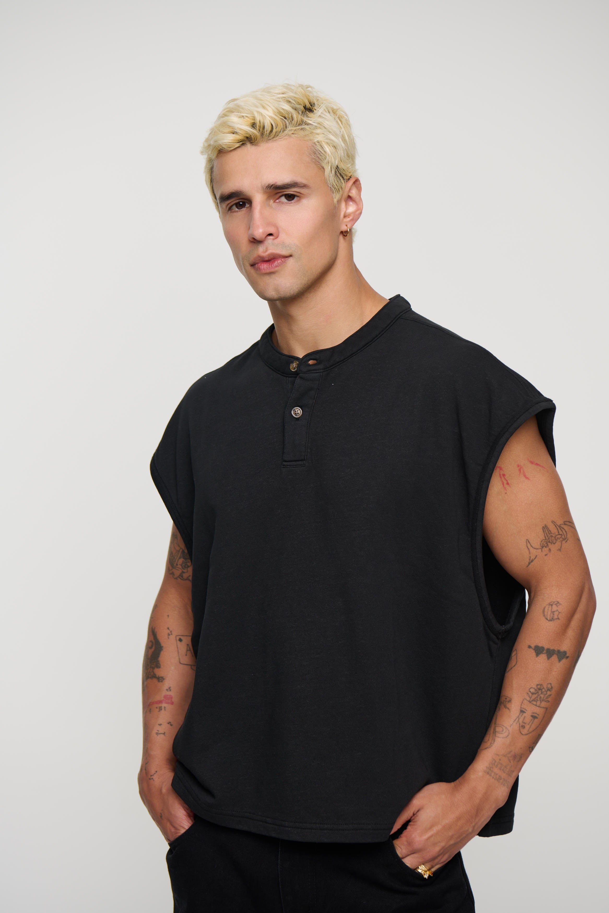 Fleece Crop Henley Tank Black