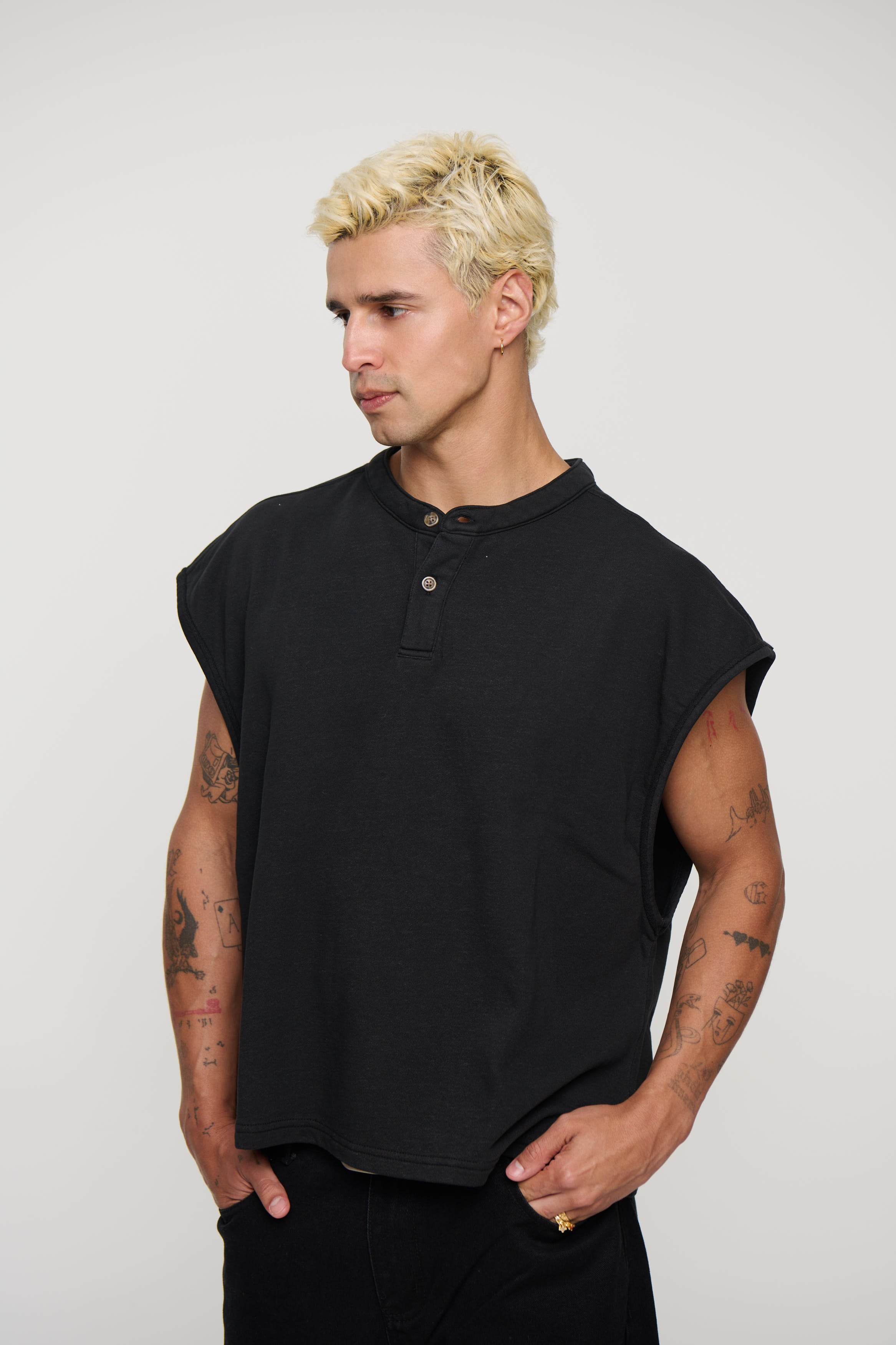 Fleece Crop Henley Tank Black