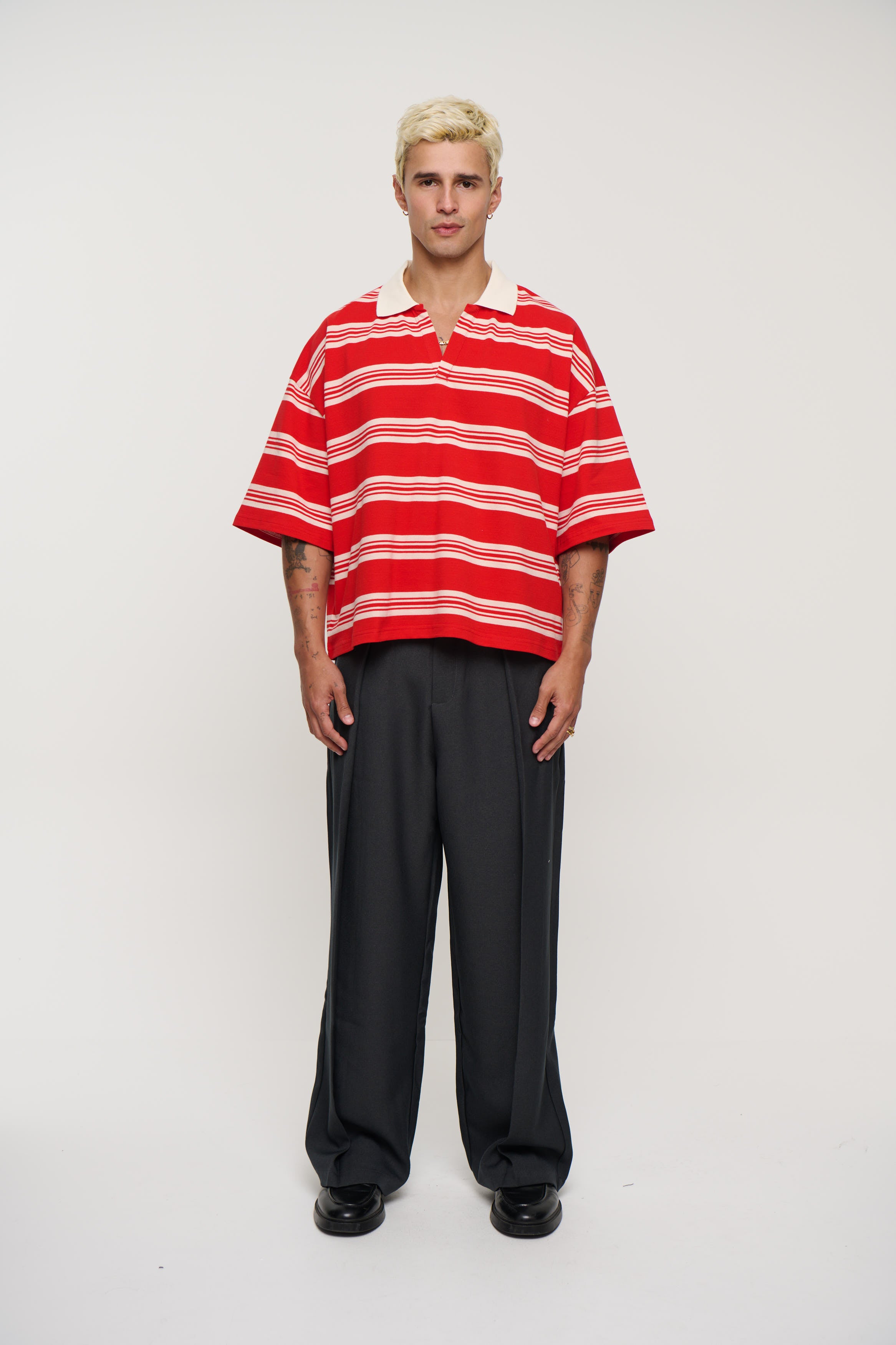 Jersey Crop Polo Red Stripe