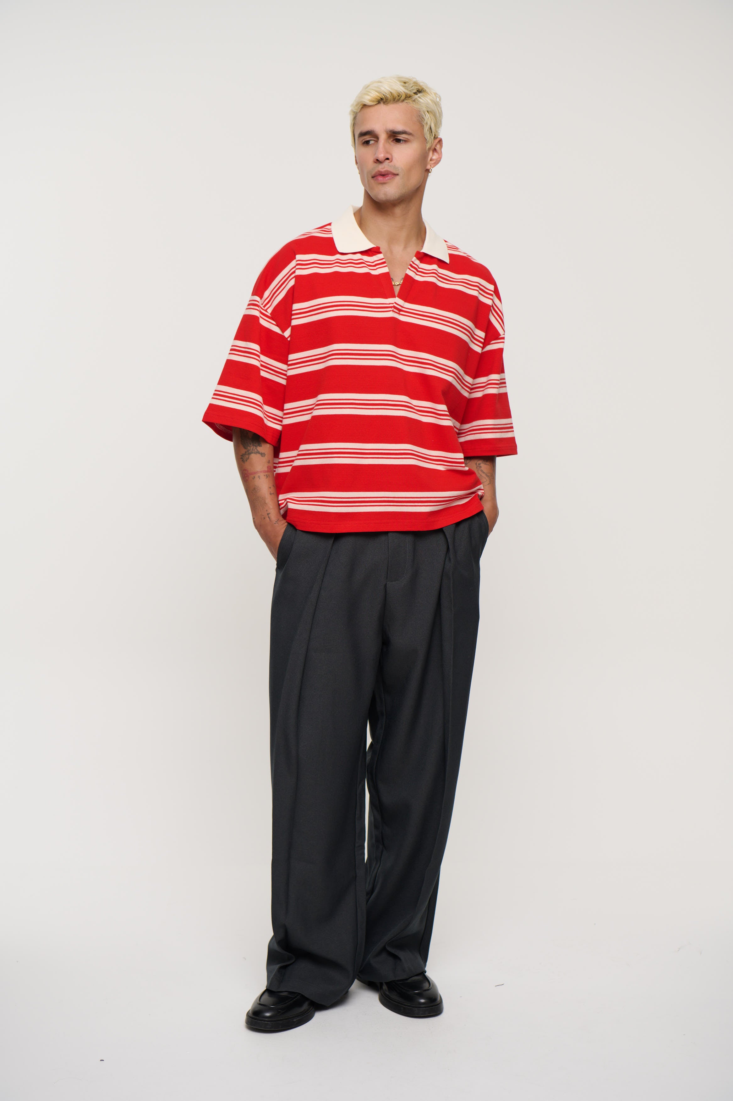 Jersey Crop Polo Red Stripe