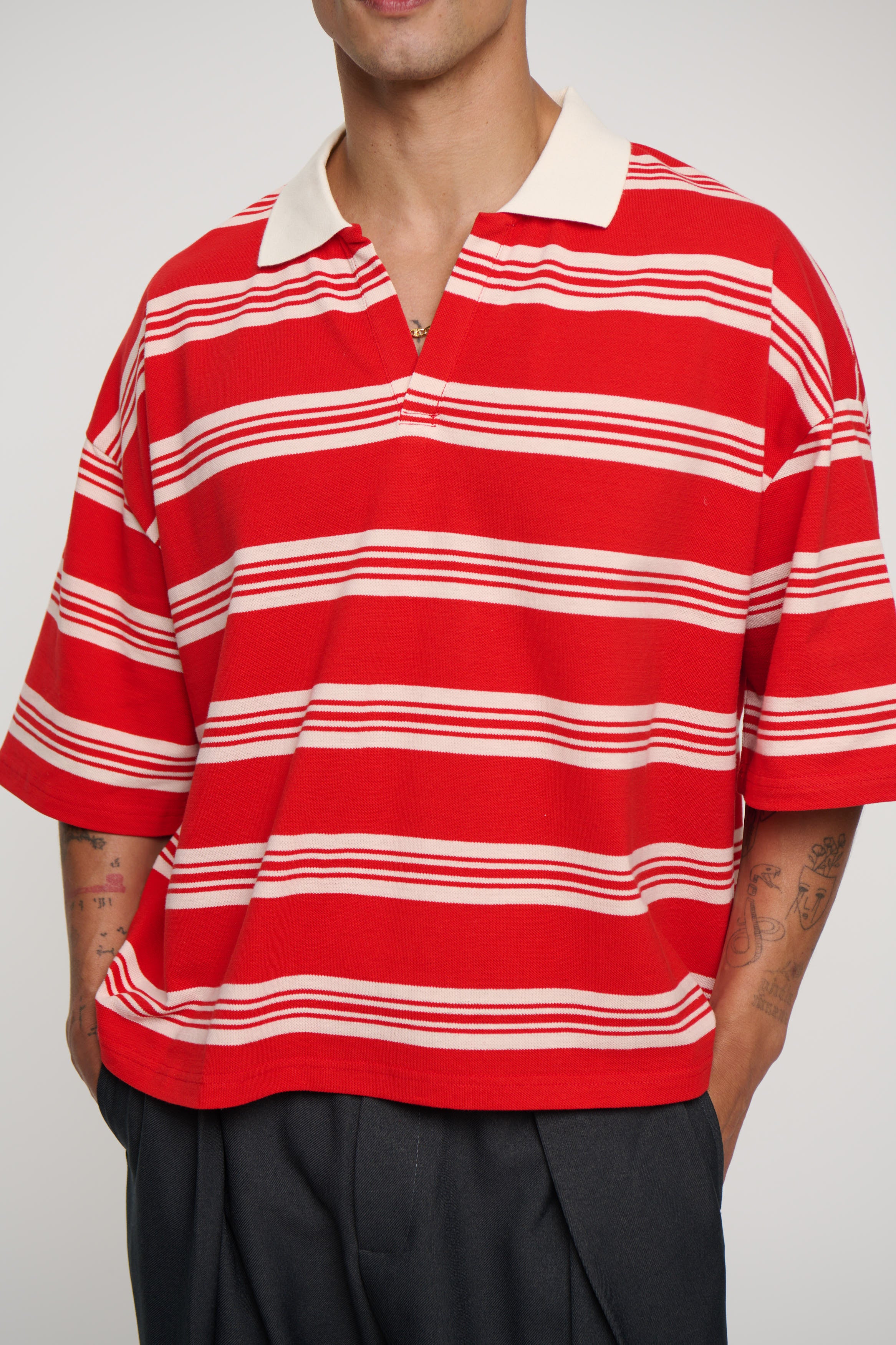 Jersey Crop Polo Red Stripe