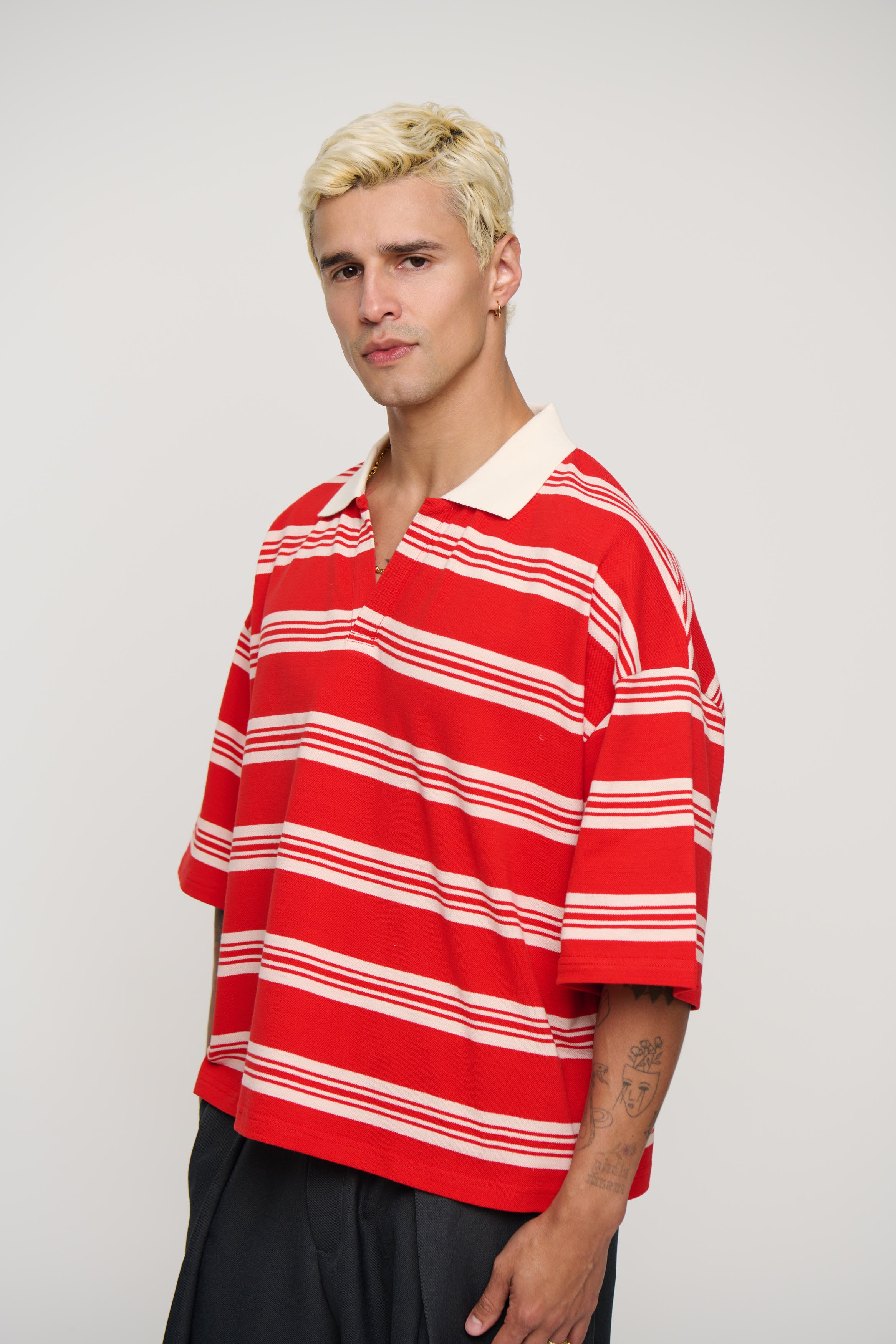 Jersey Crop Polo Red Stripe