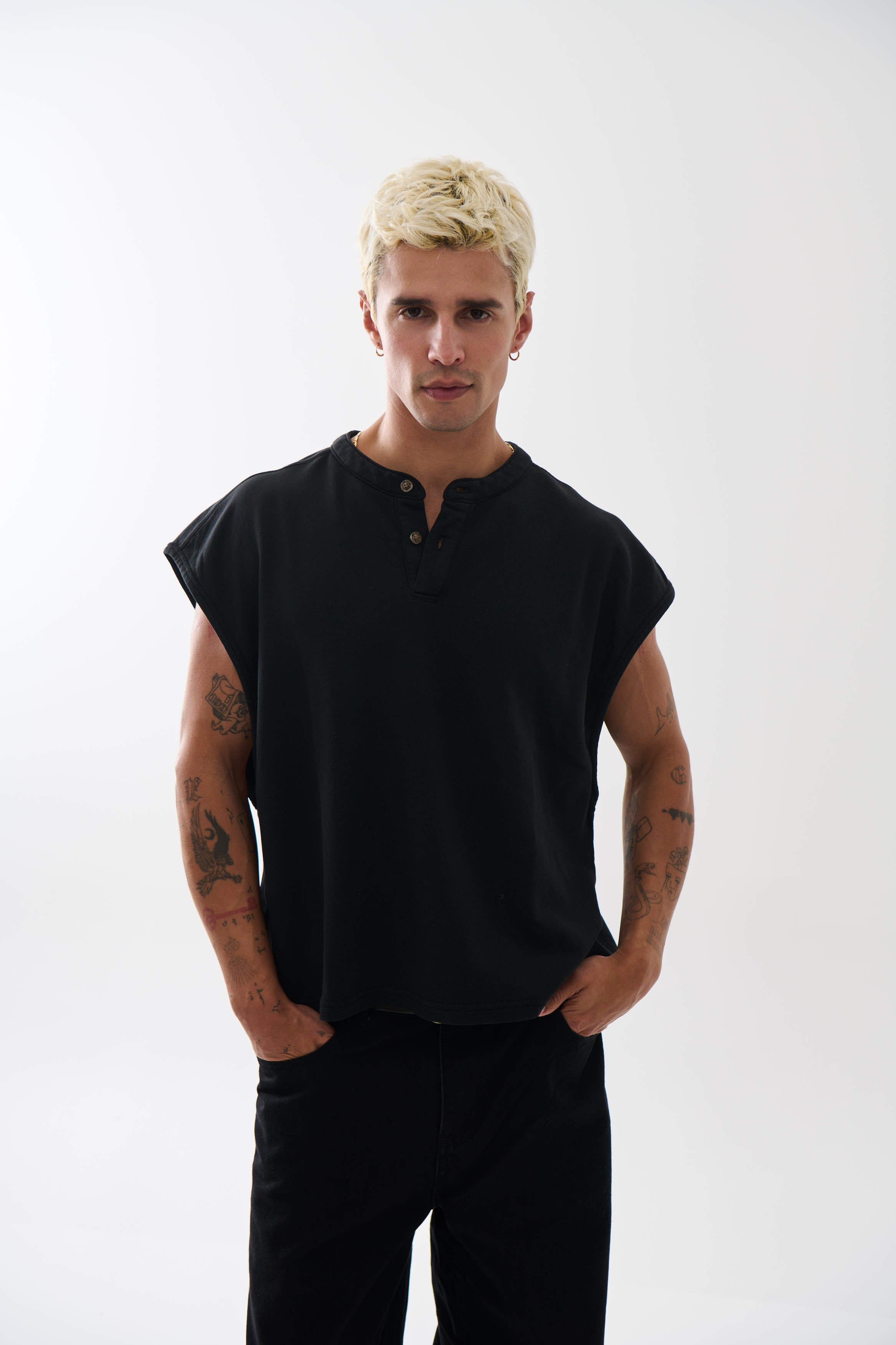 Fleece Crop Henley Tank Black