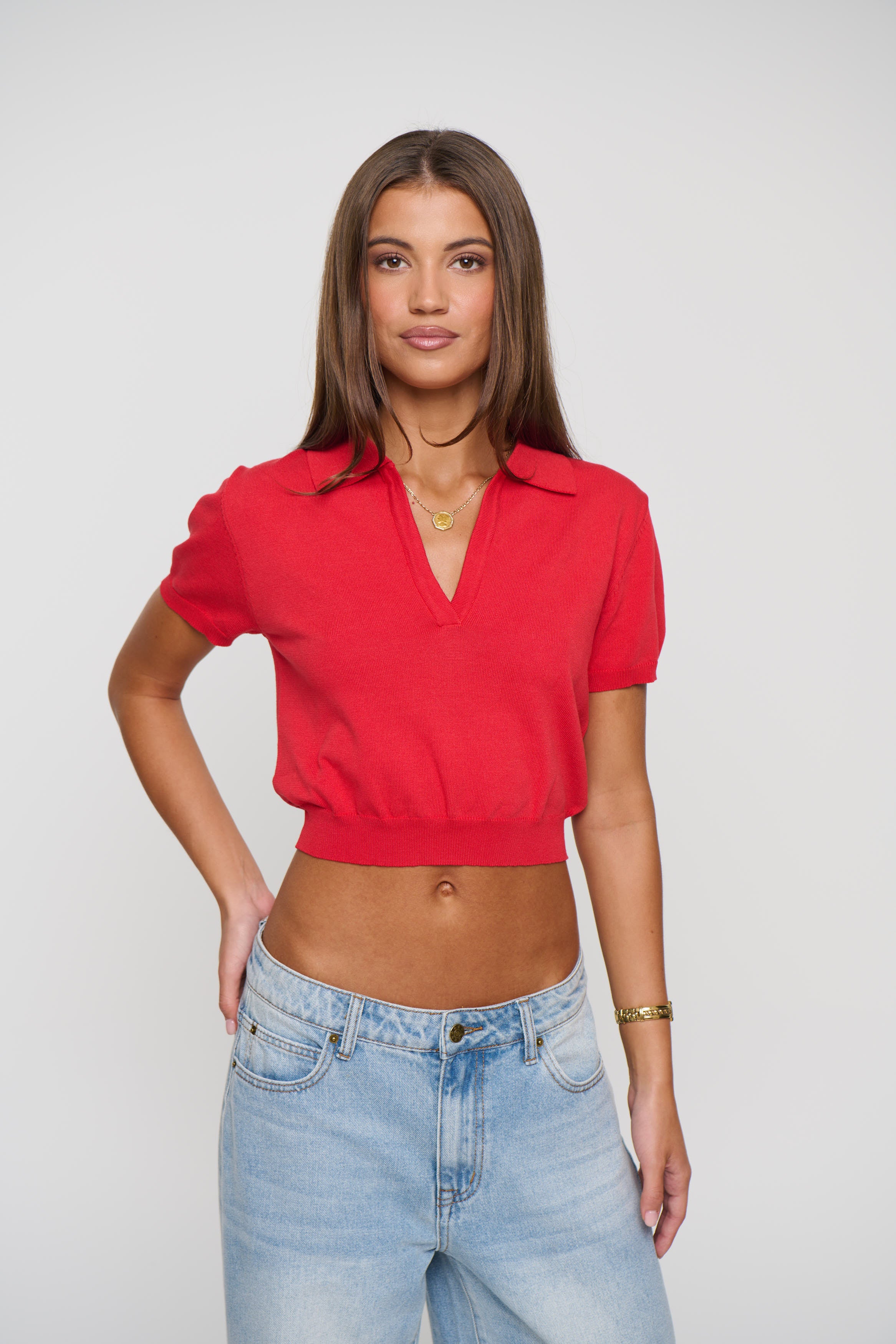 Lena Cropped Polo Cherry